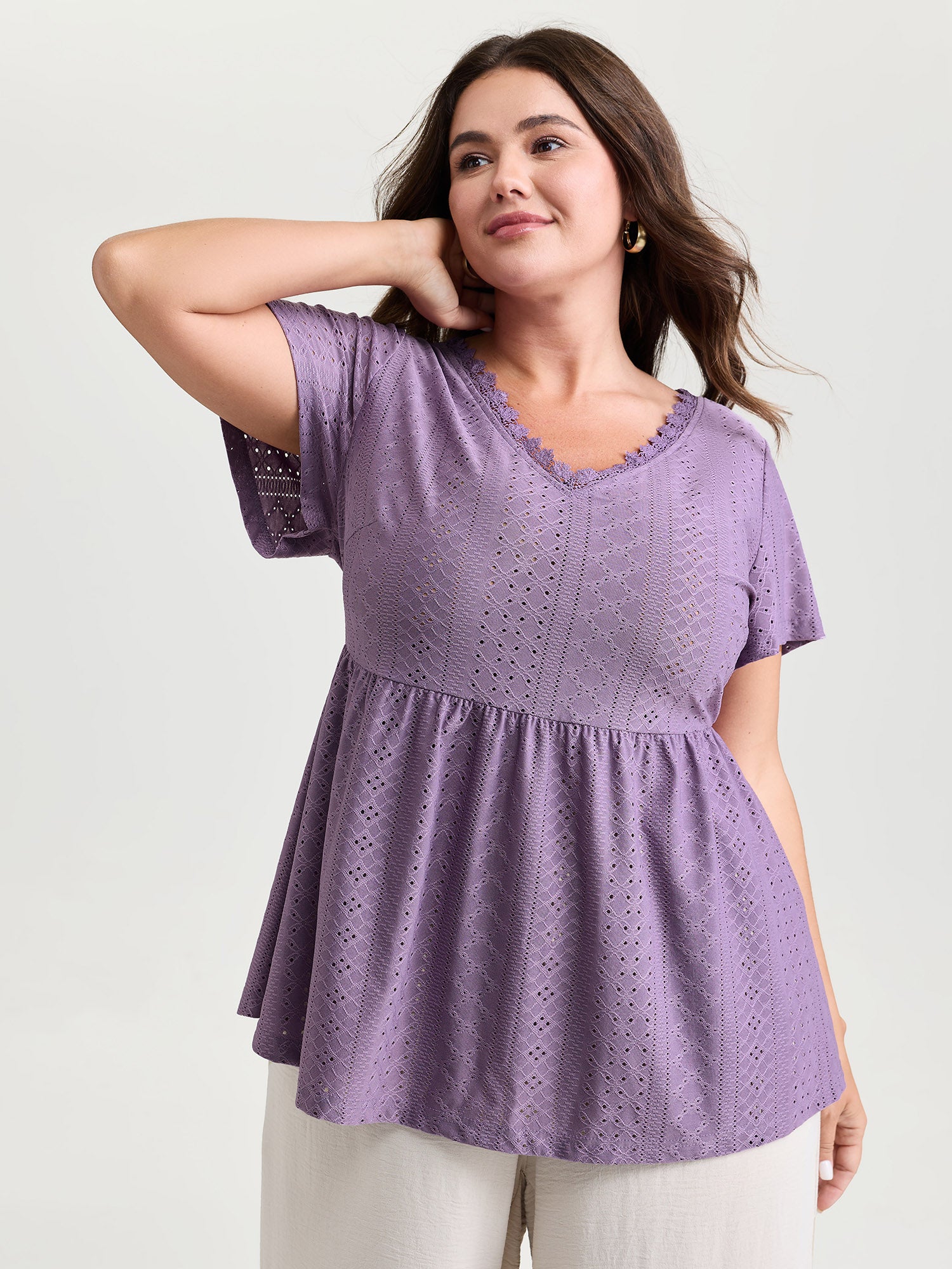 Textured Lace Trim V-Neckline T-Shirt