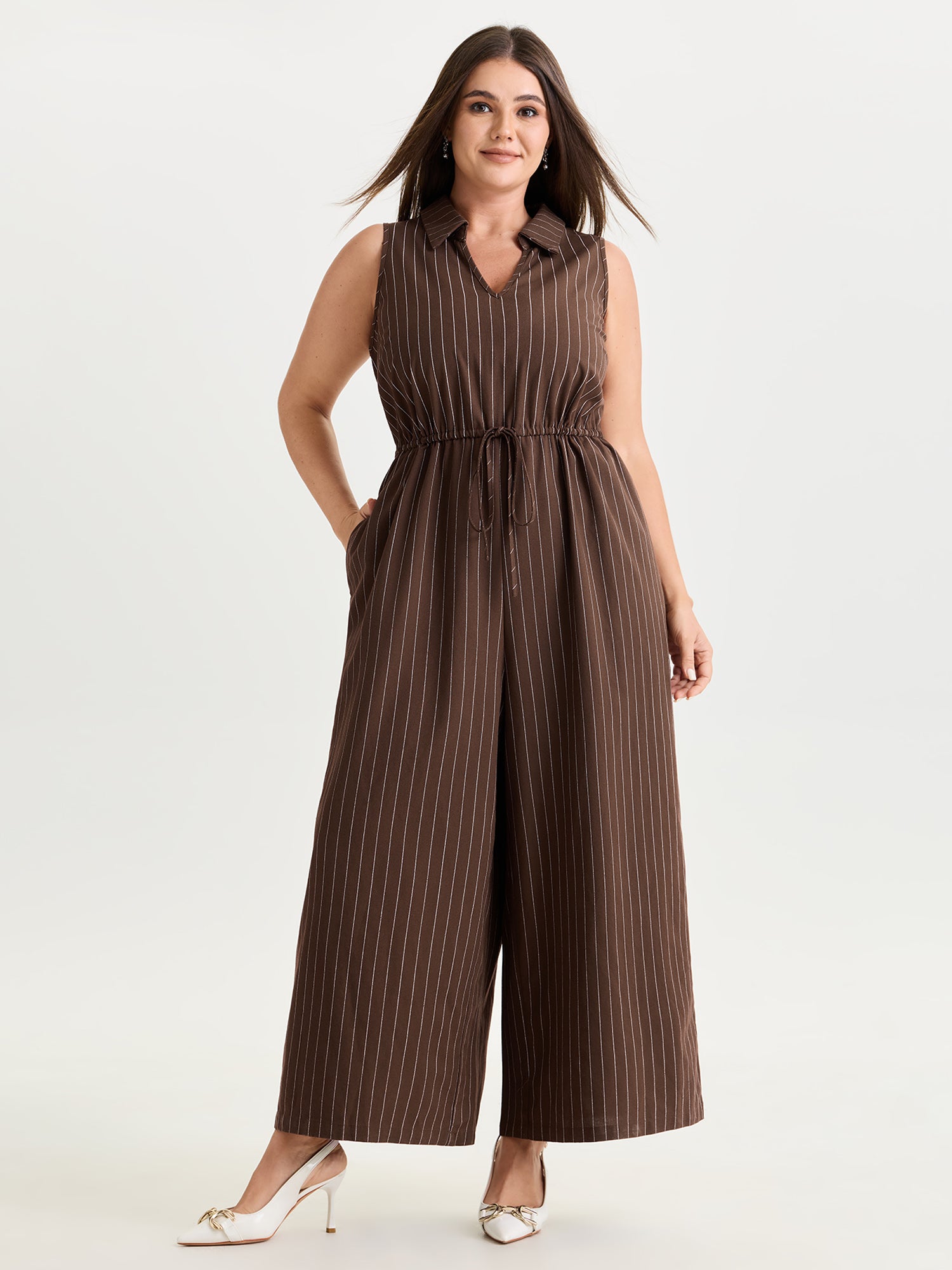 Cotton Linen Striped Print Waist-Tie Collar Jumpsuit