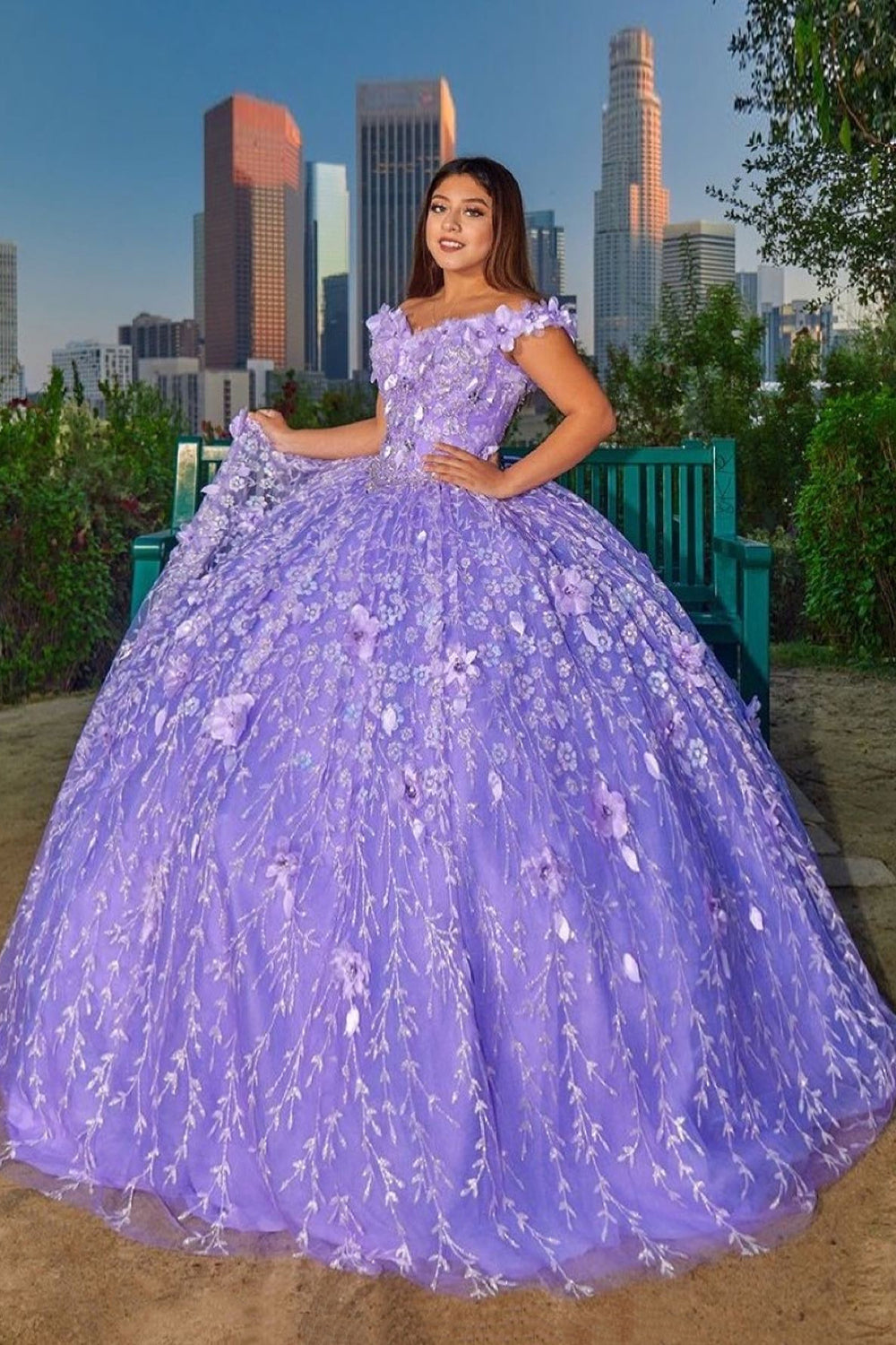 Quinceanera Ball Gown in Purple with Off-Shoulder Design and Sequin Applique