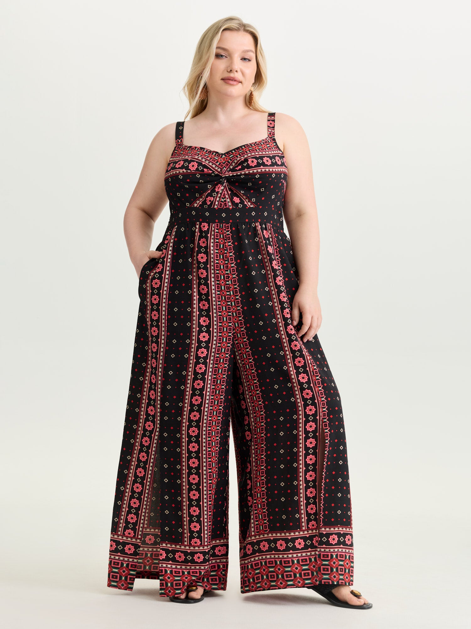 Geometric Print Shirred Wide Leg Jumpsuit