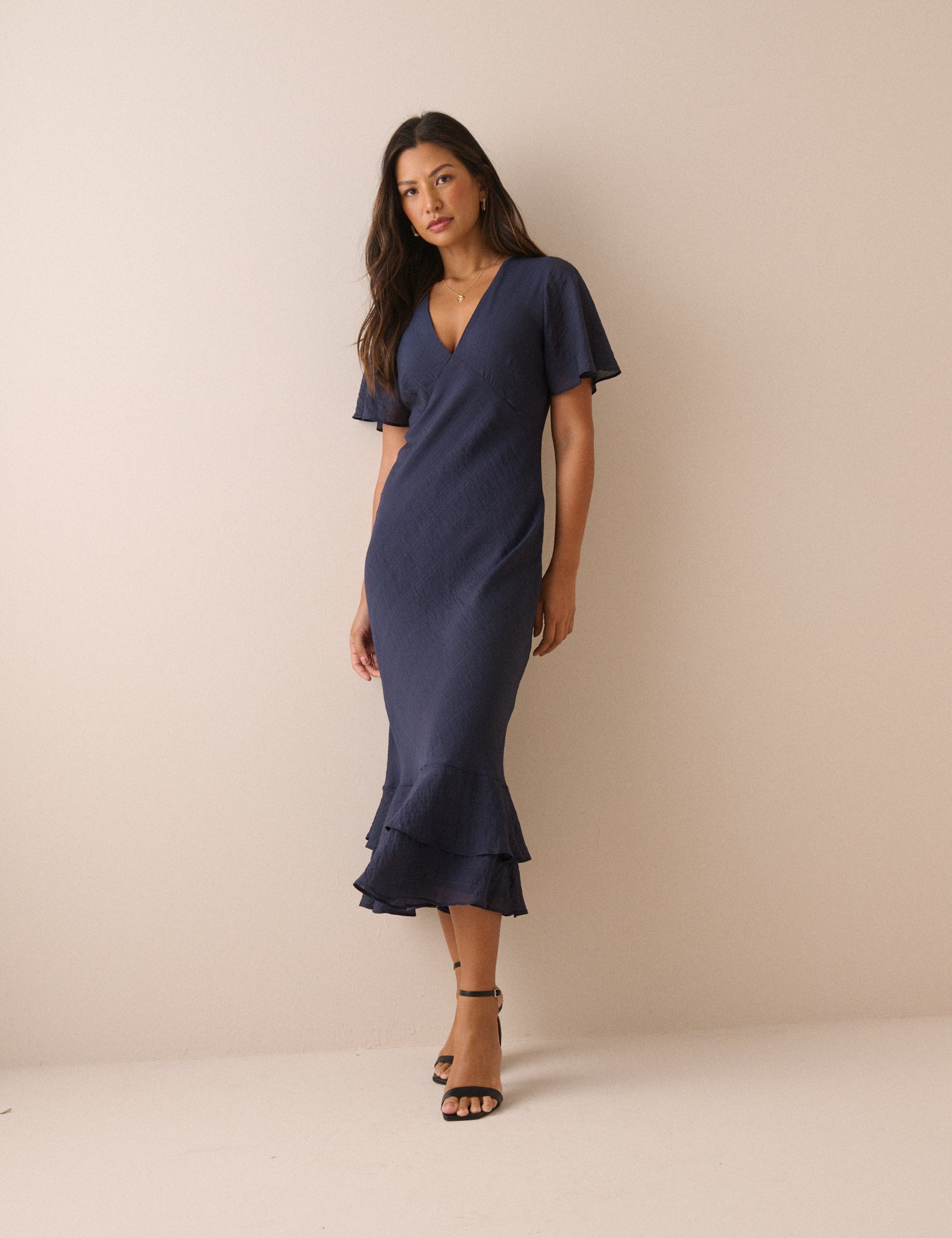 Navy Ruffle Hem Hope Midi Dress