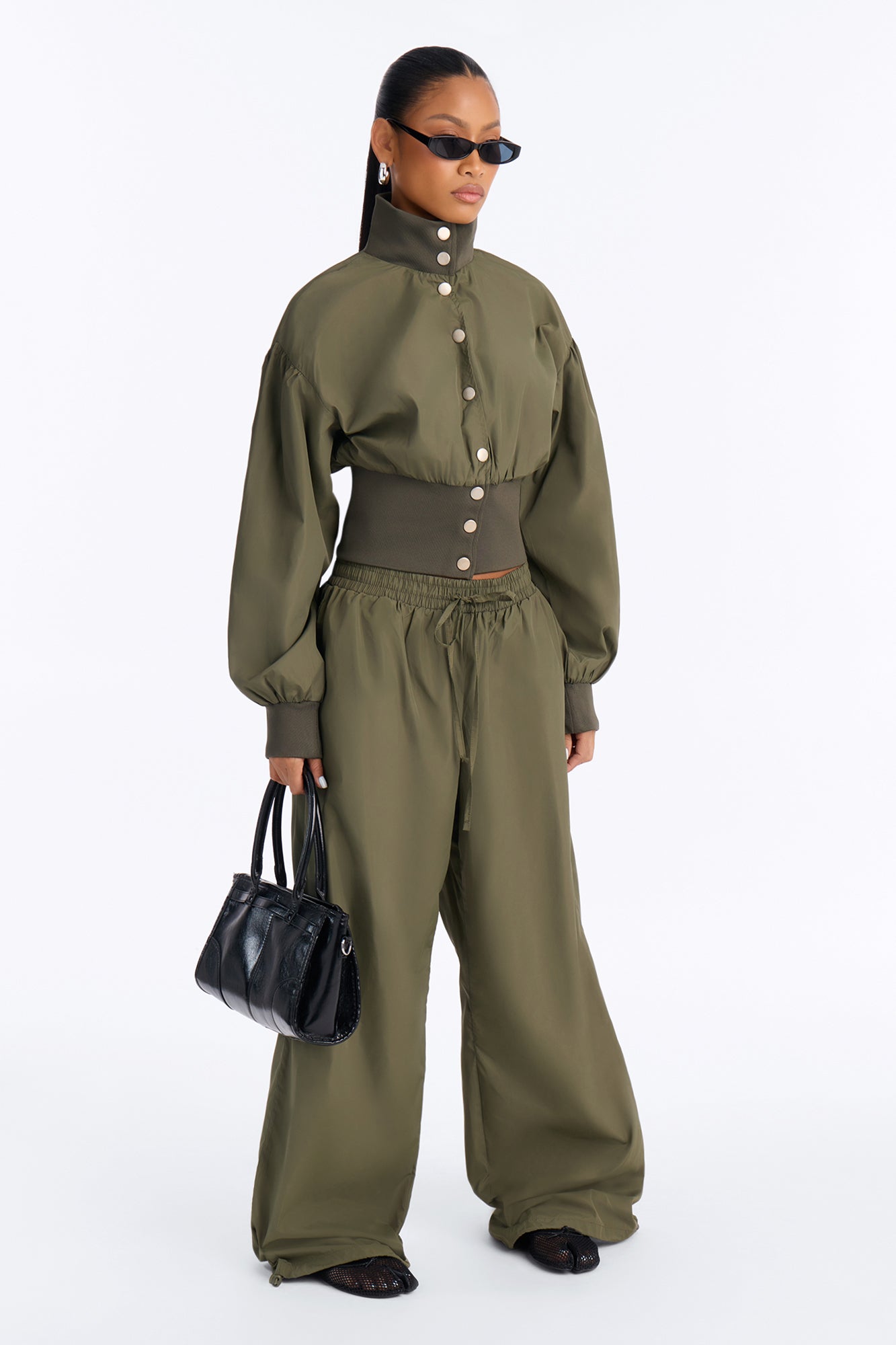 City Runs Cinched Windbreaker Pant Set - Olive