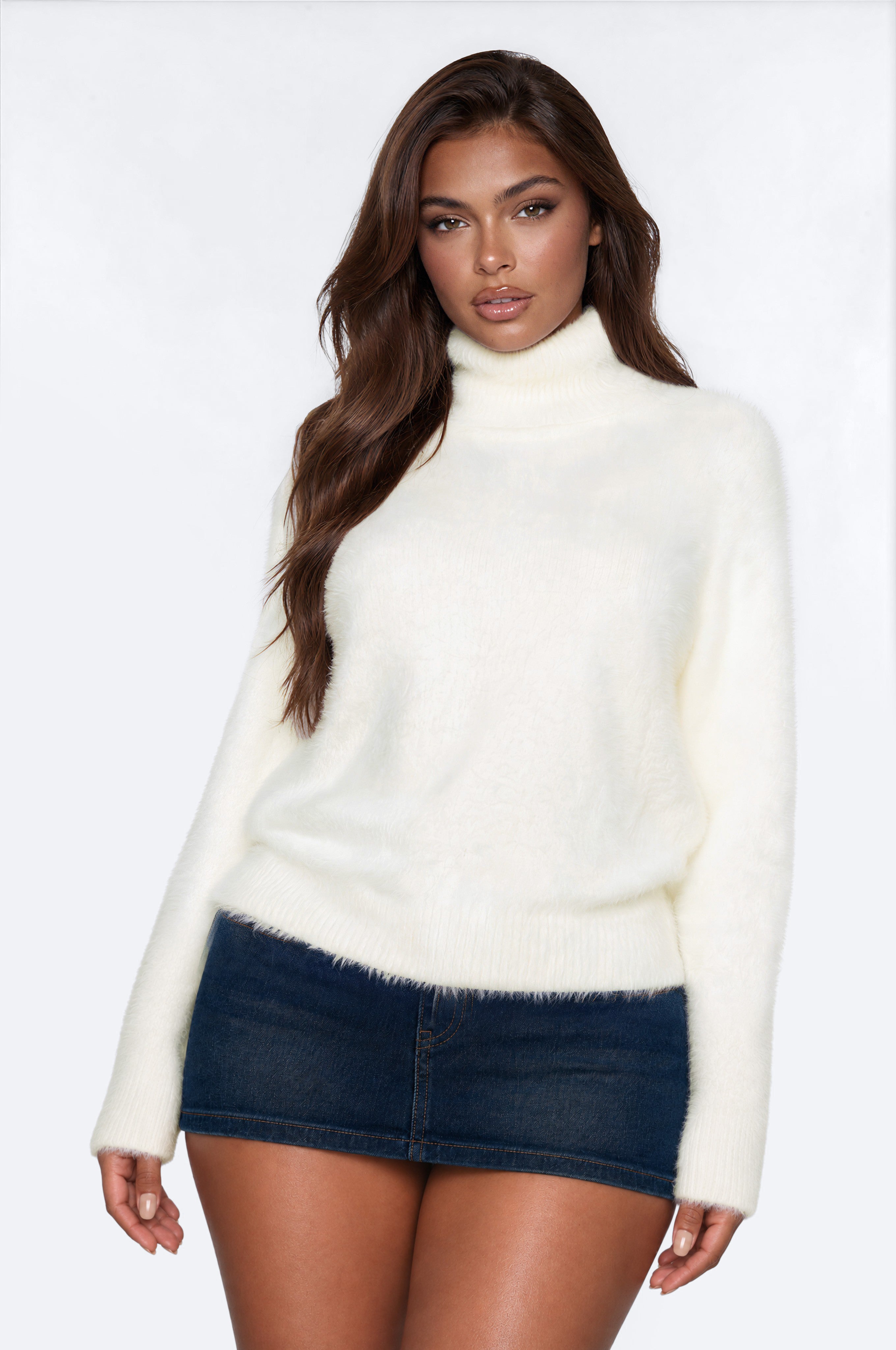 Soft Cuddles Fuzzy Funnel Neck Sweater - Ivory