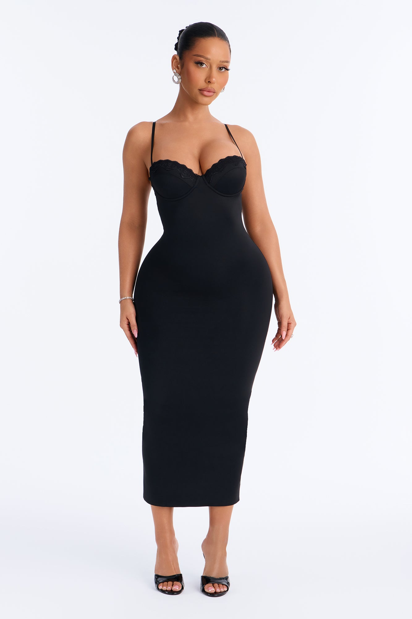 Sleek Look Lace Trim Shaping Midi Dress - Black