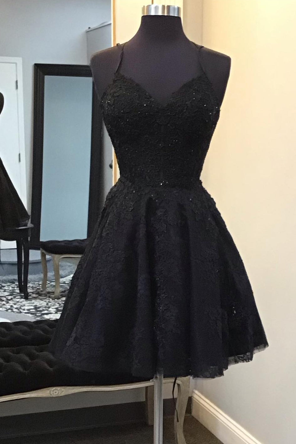 Sparkly Black Corset Lace A-Line Short Homecoming Dress/Mini Dress
