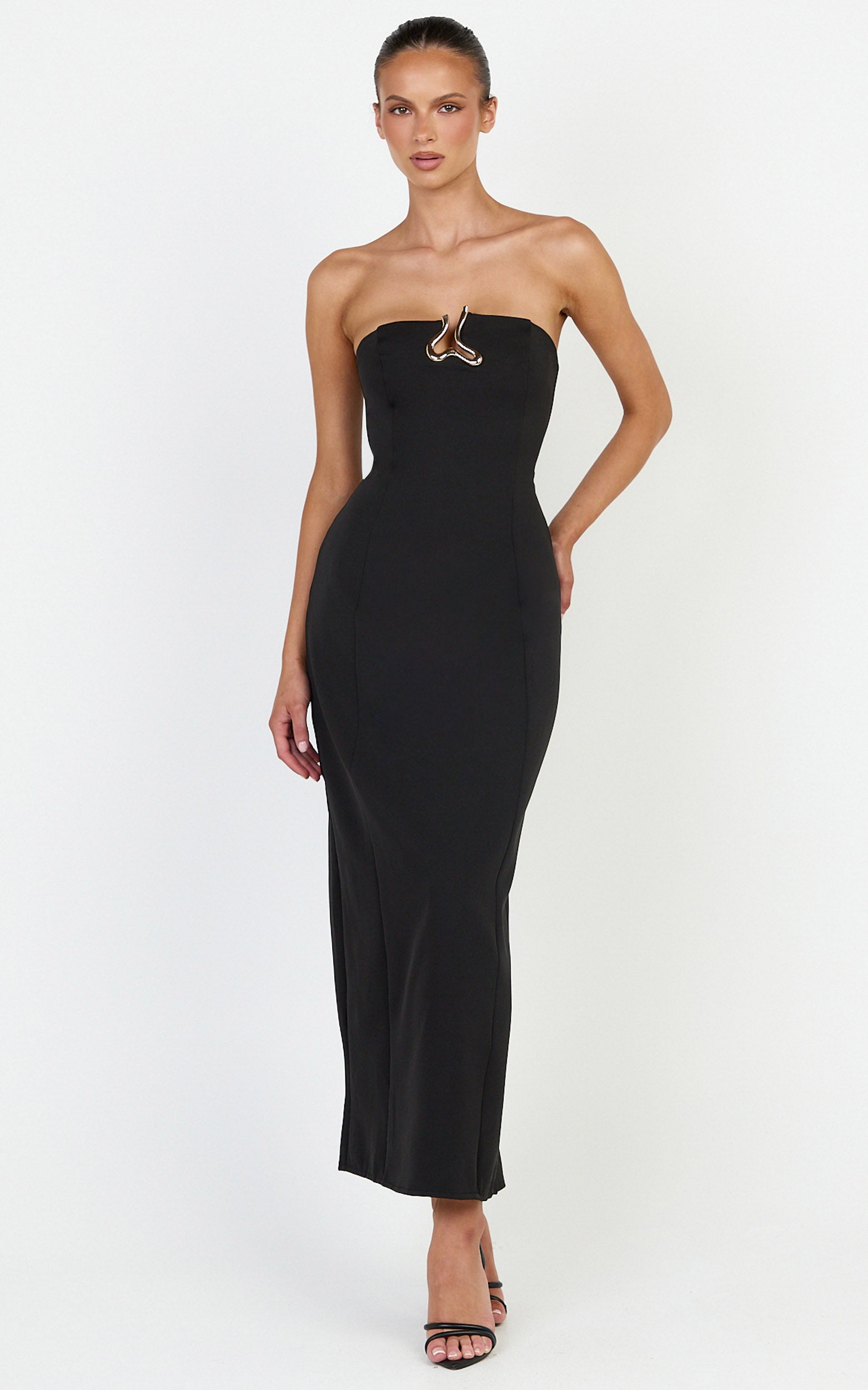 Aurea Maxi Dress - Strapless Gold Trim Column Dress in Black