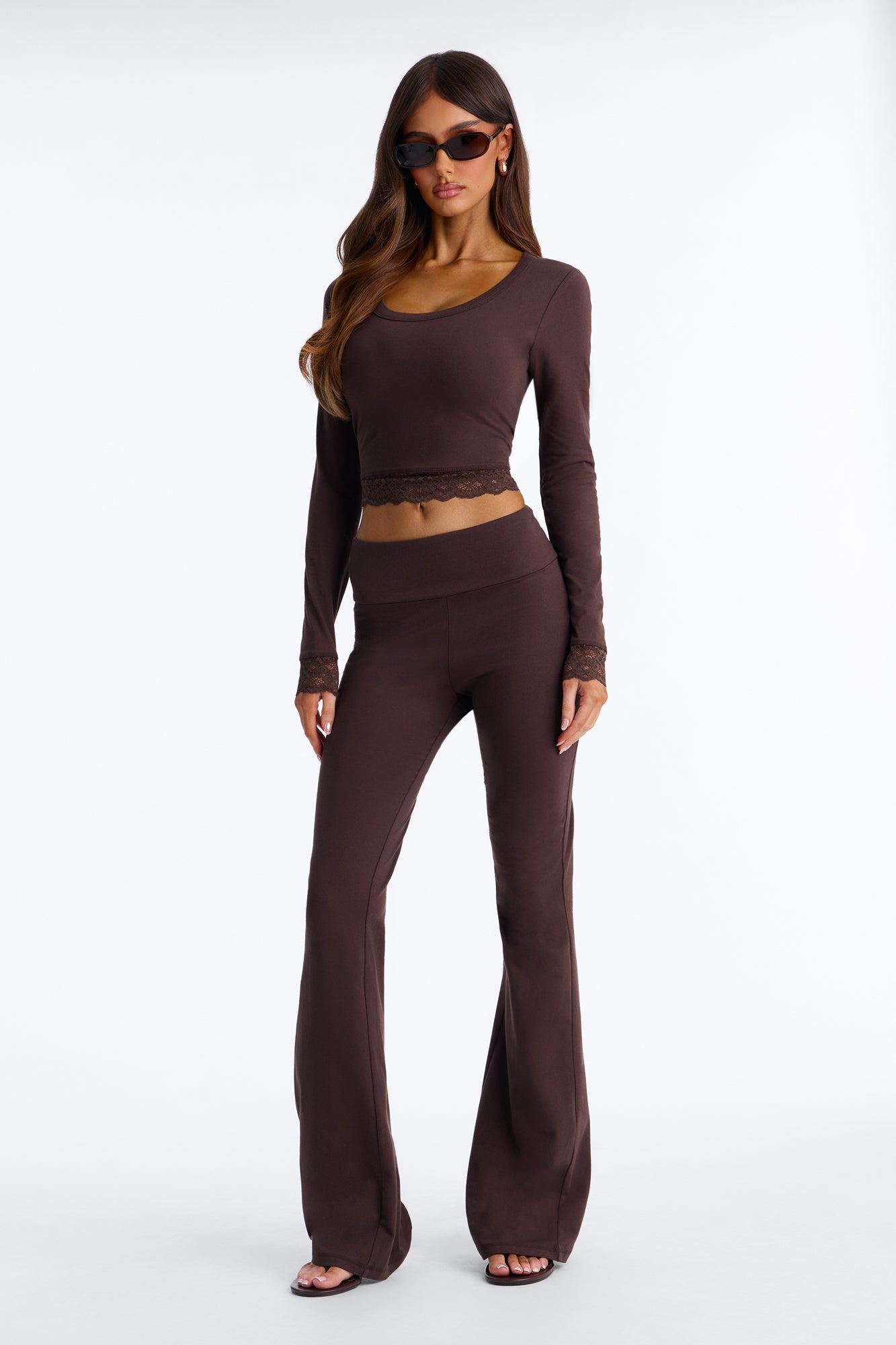 Paige Lace Trim Pant Set - Chocolate