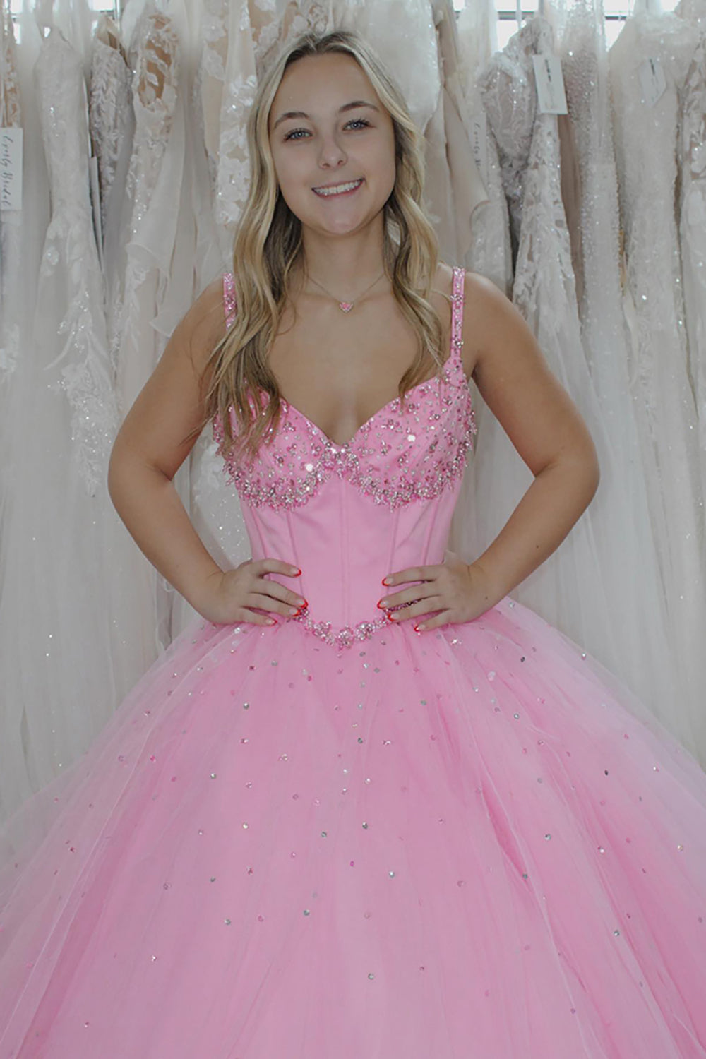 Long Corset Prom Dress in Sparkly Pink with Princess Tulle and Beaded Spaghetti Straps