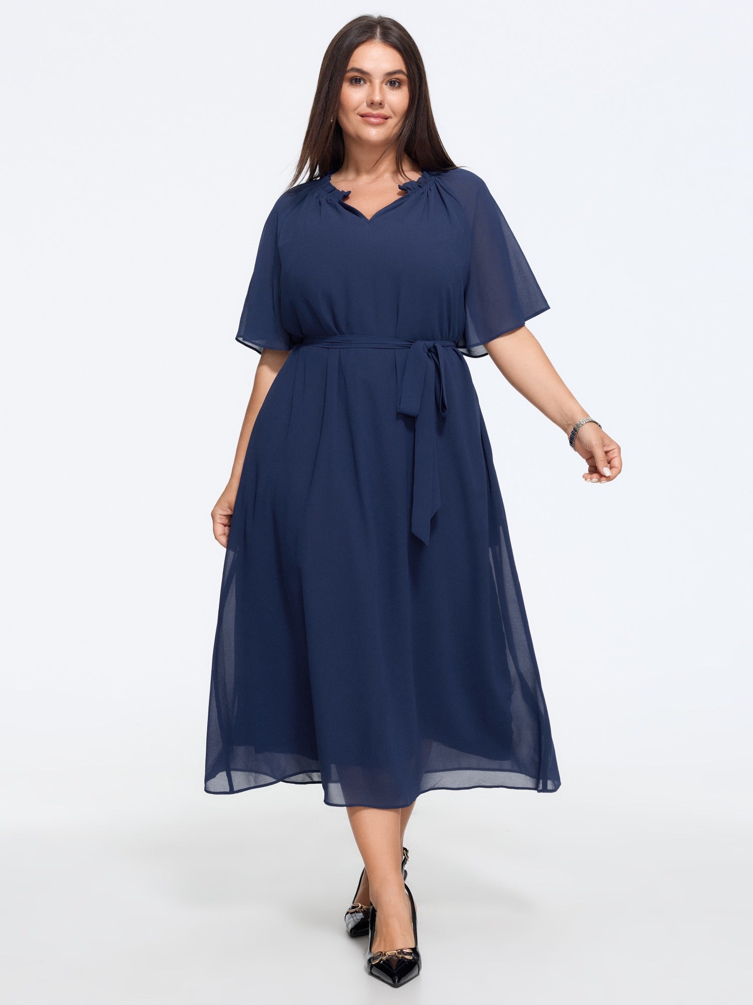 Plain Flutter Sleeve Tie Waist Chiffon Midi Dress