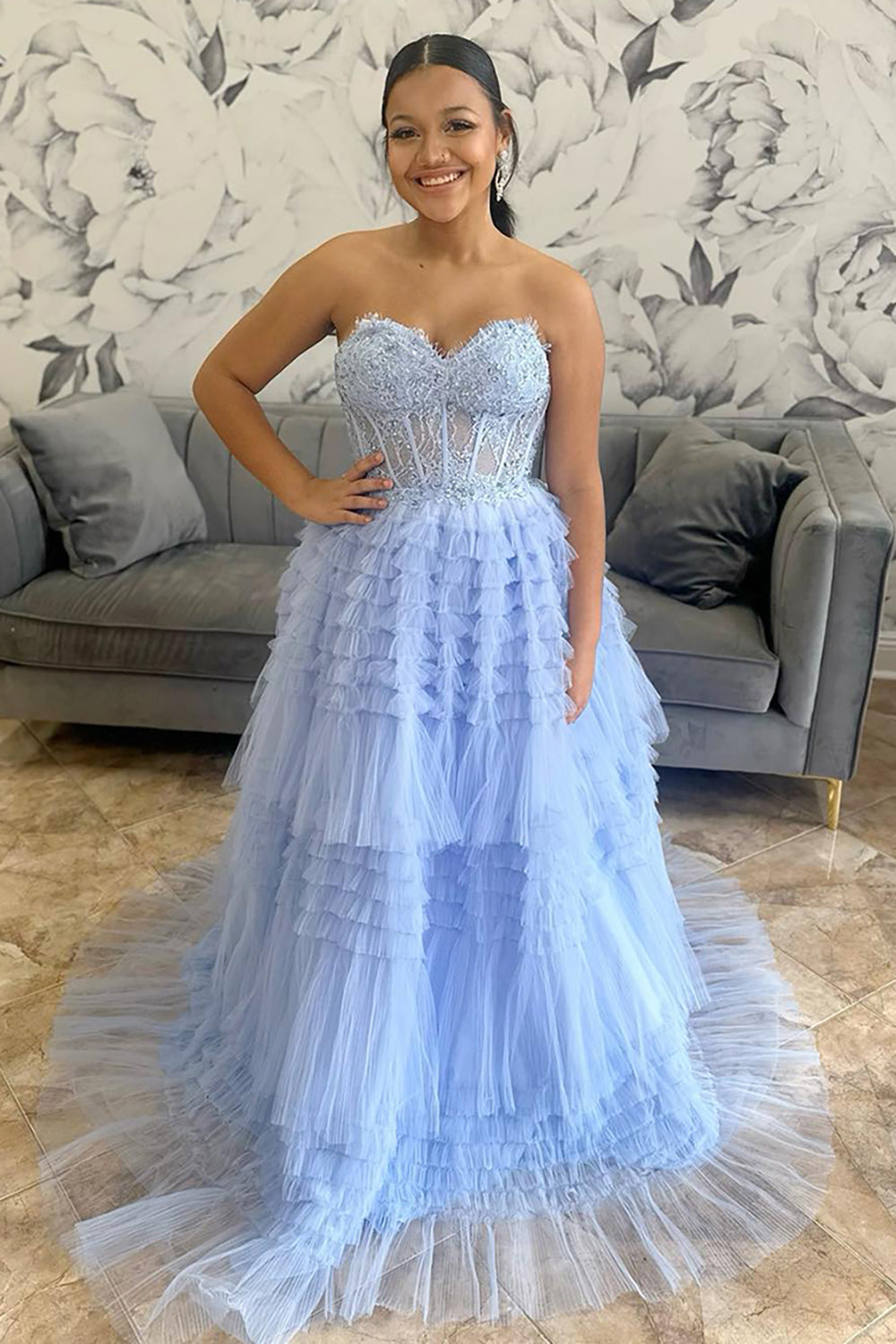 Sweetheart Long Prom Dress in Light Blue with Tiered Tulle Corset