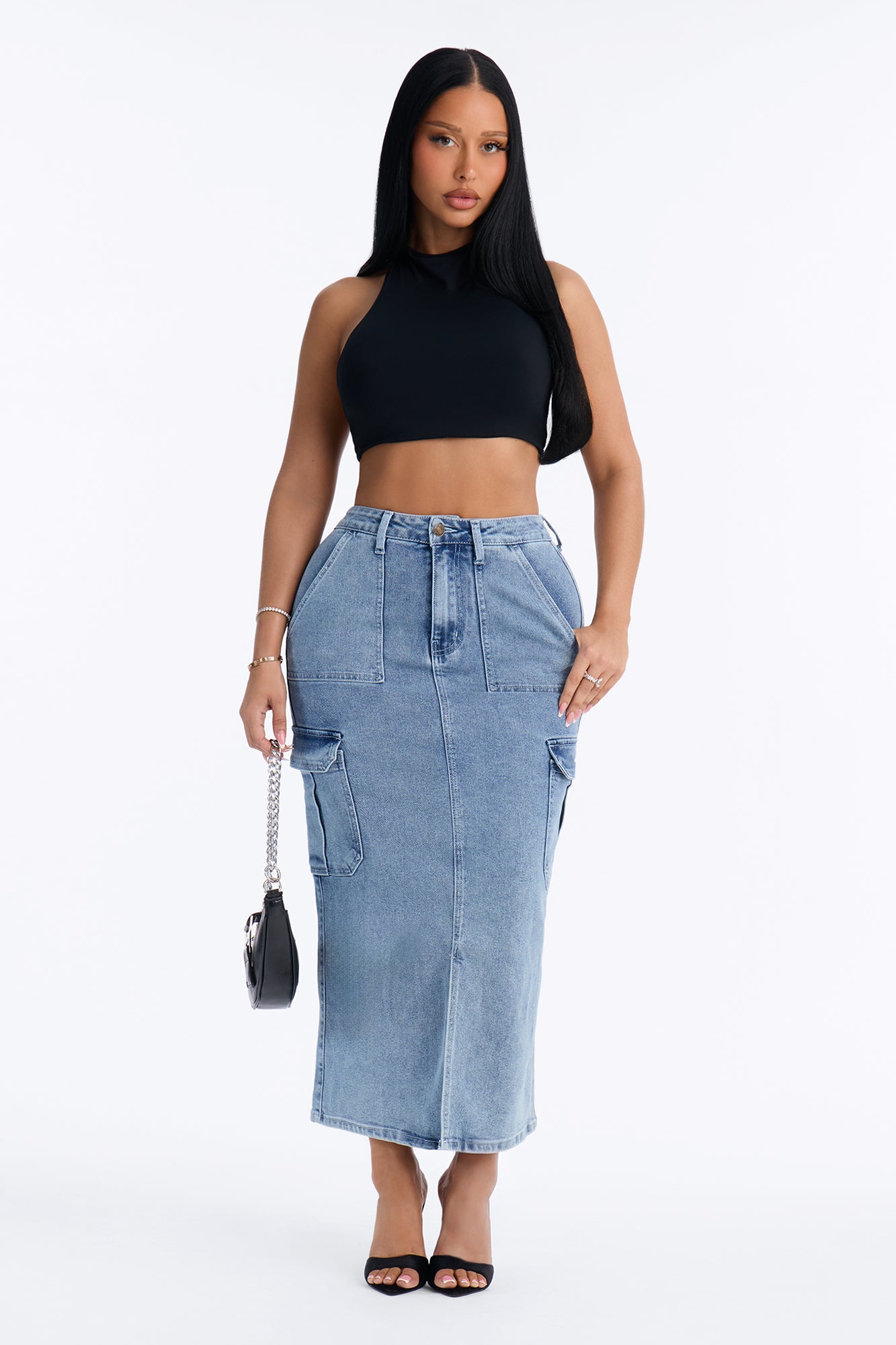 Trinity Denim Cargo Midi Skirt - Light Wash
