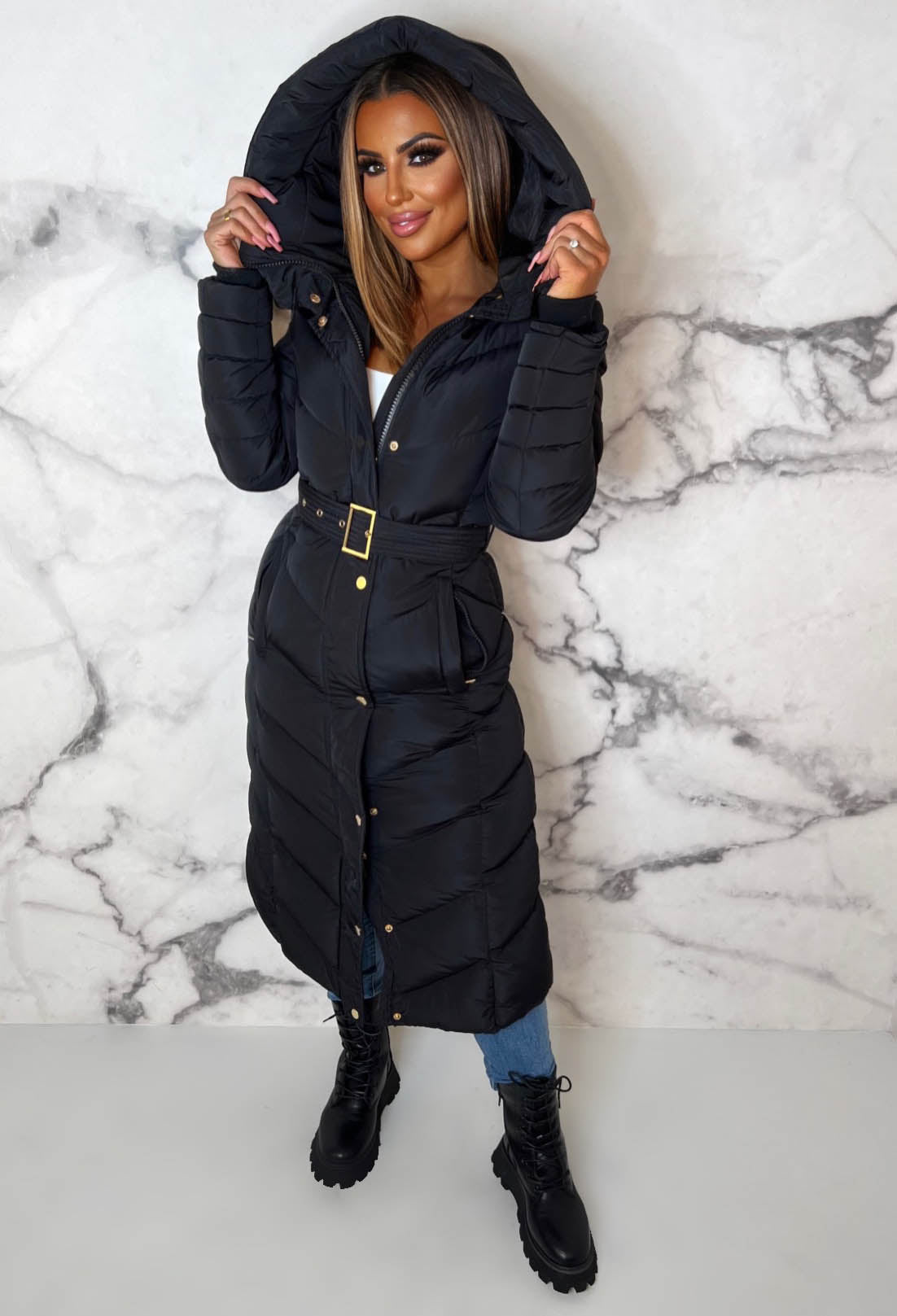 Urban Luxe Black Chevron Belted Hooded Fleece Lined Padded Coat