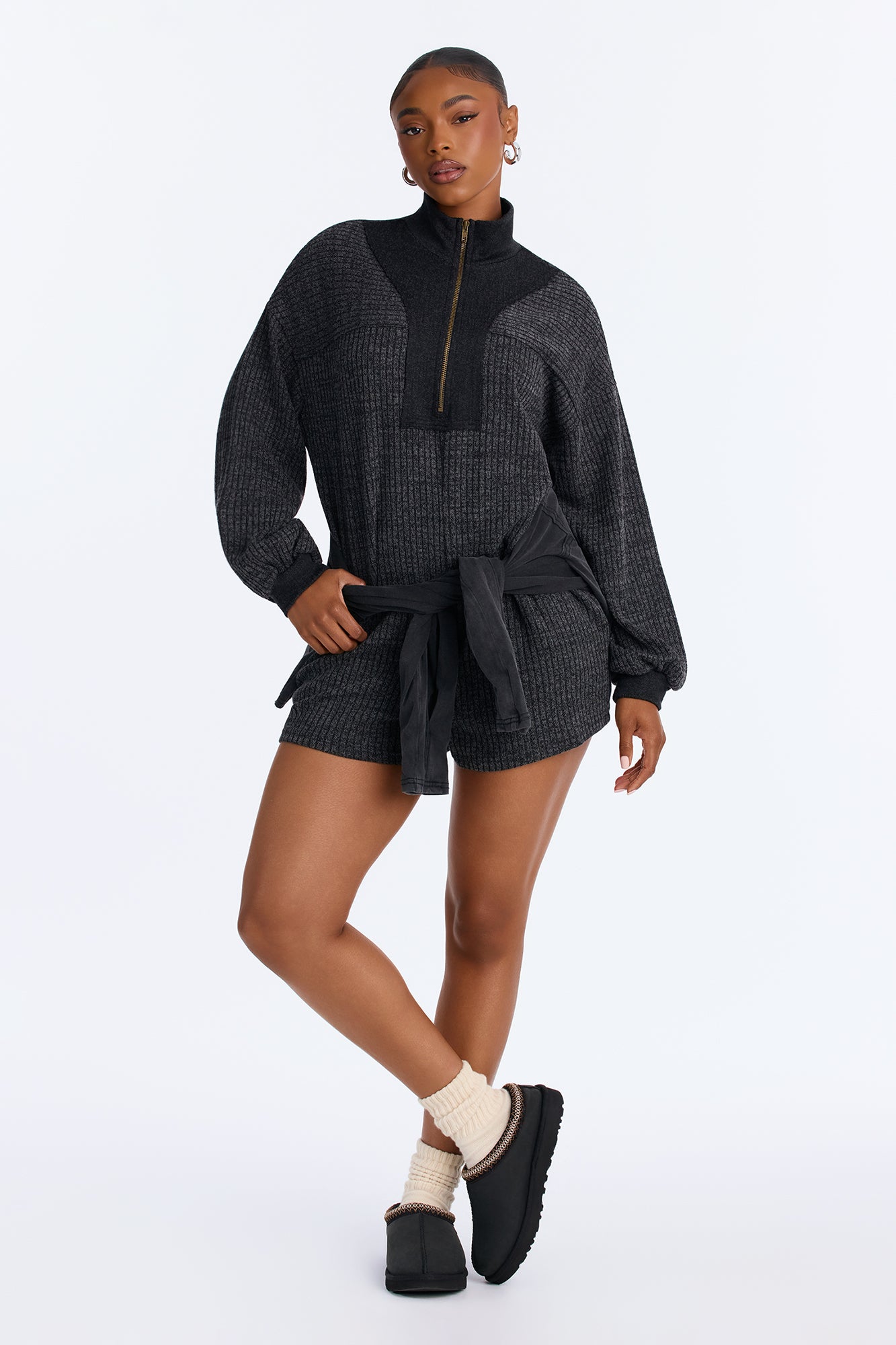Overly Chill Collared Long Sleeve Romper - Charcoal