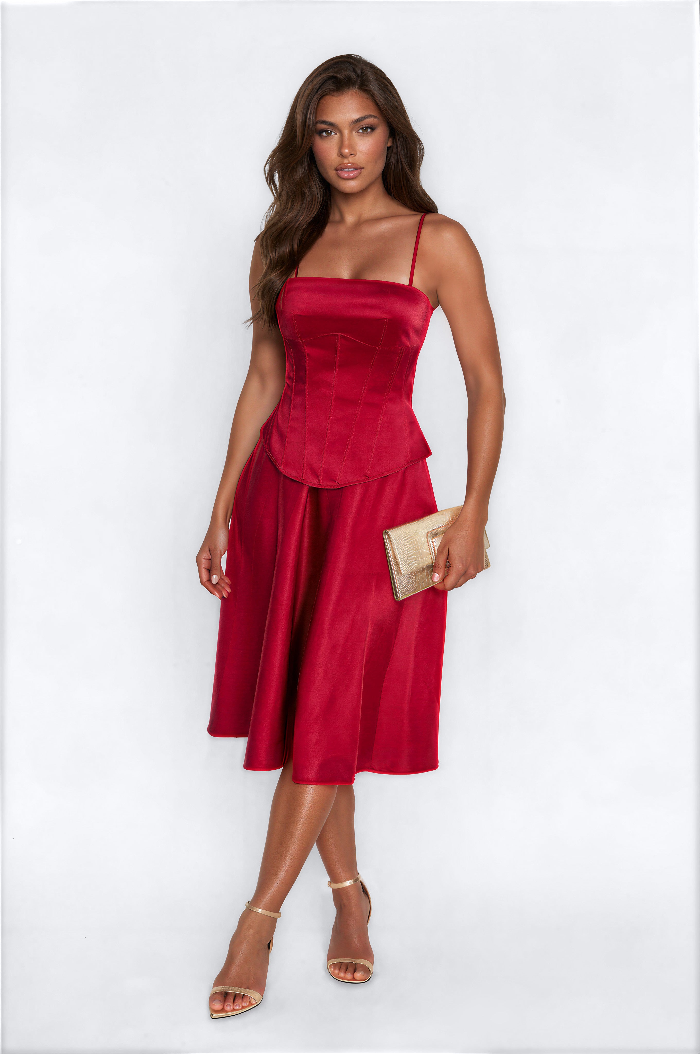Angel Girl Satin Corset Midi Dress - Wine