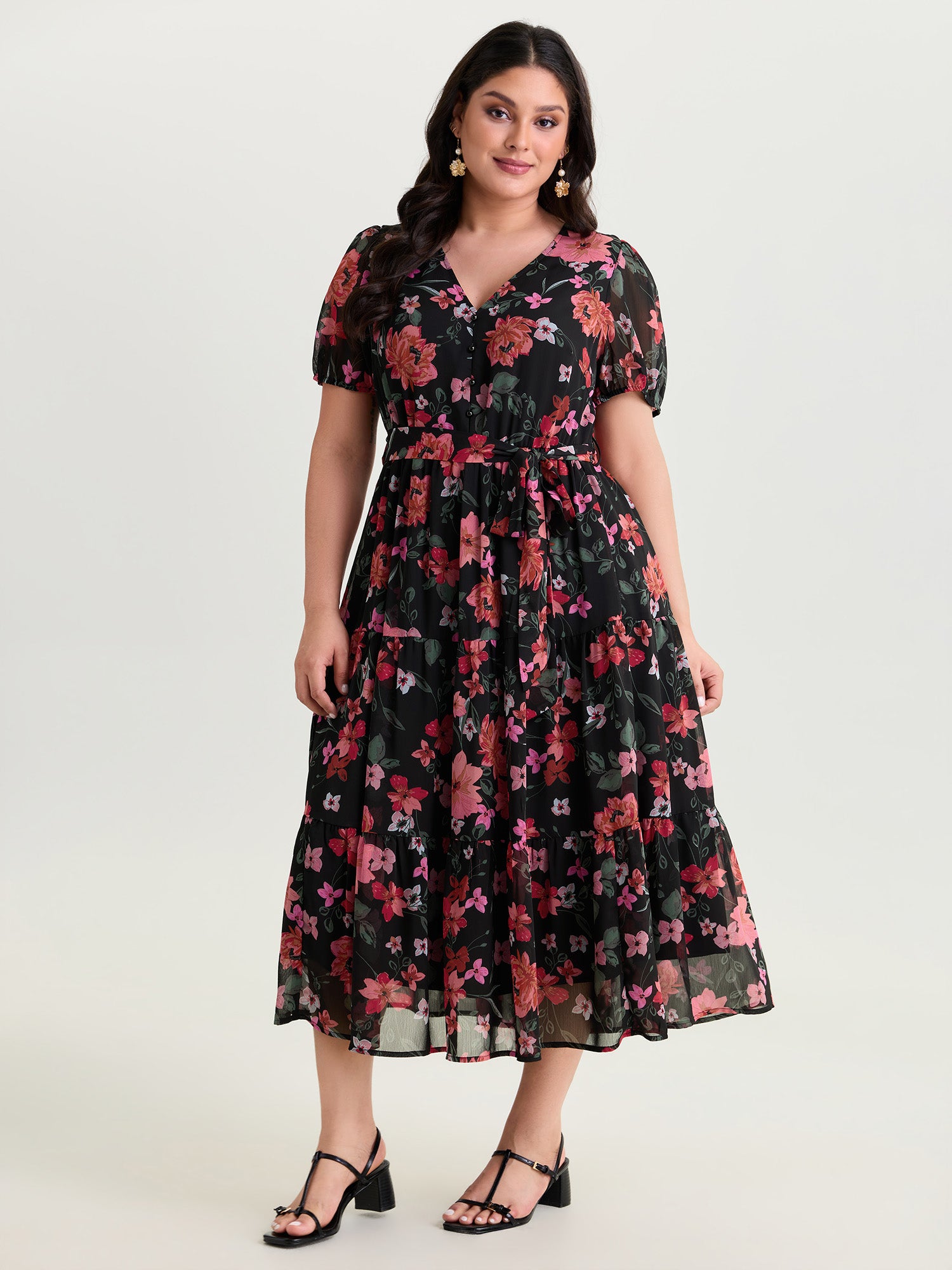Floral Romance Pockets Belted Midi Dress