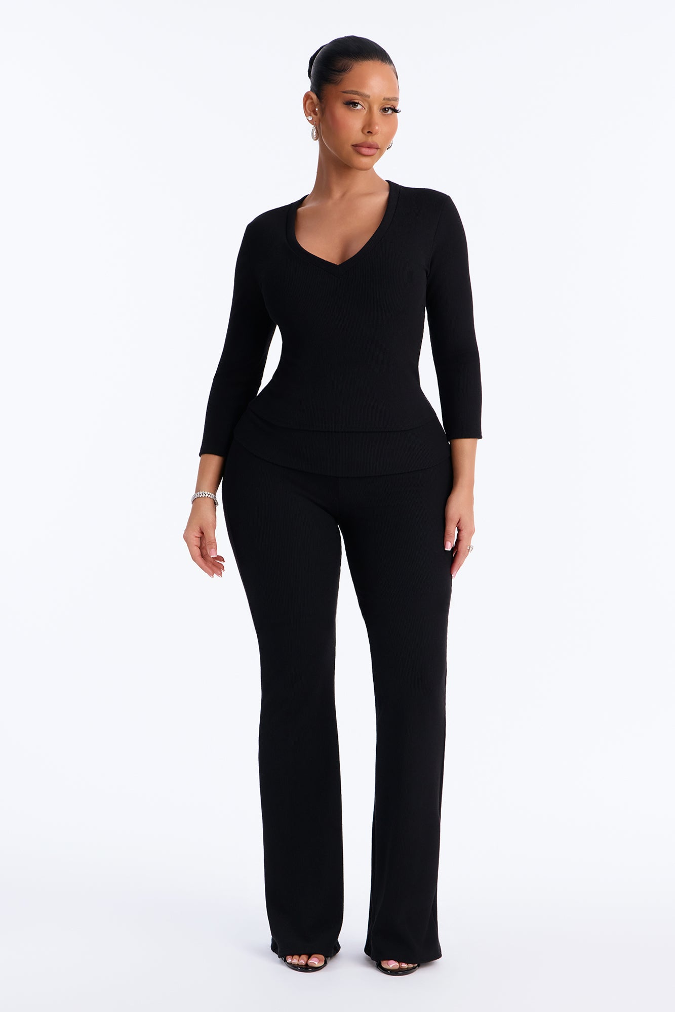 Paxton V-Neck Flare Pant Set - Black