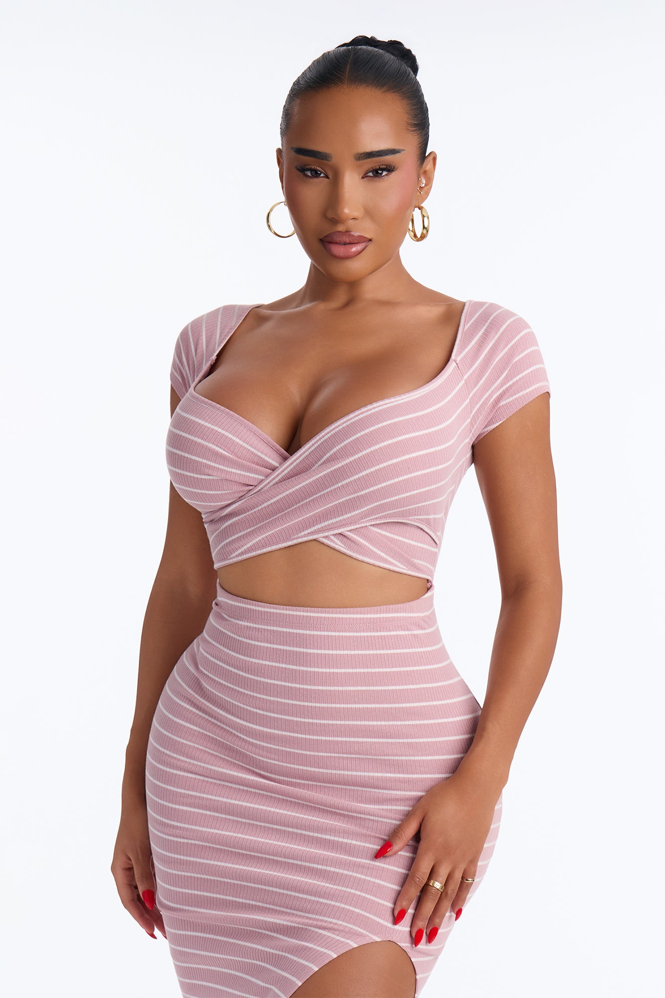 Stacey Ribbed Striped Cut Out Midi Dress - Pink/combo