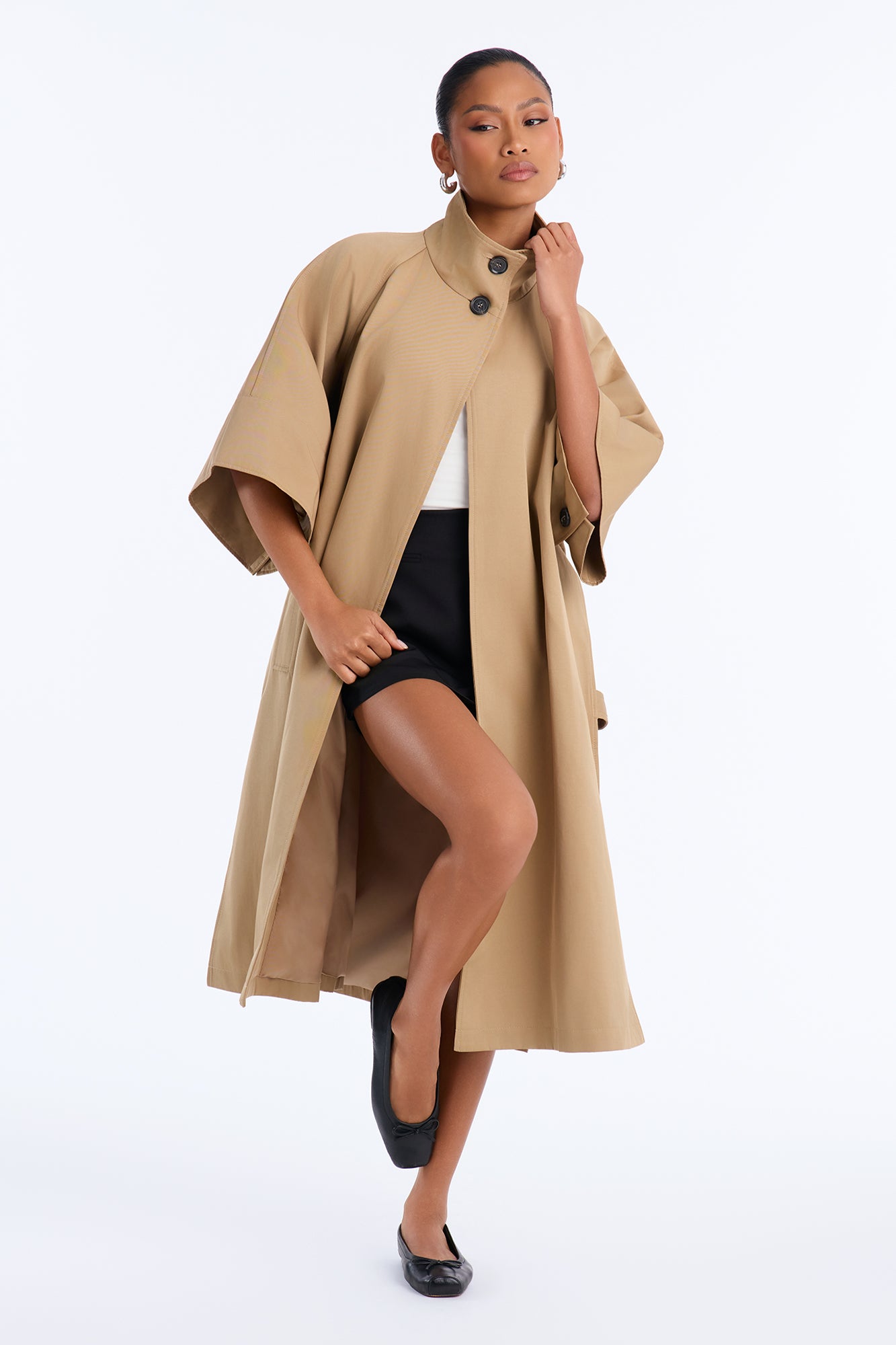 Samantha Nylon Blend Funnel Neck Poncho - Khaki