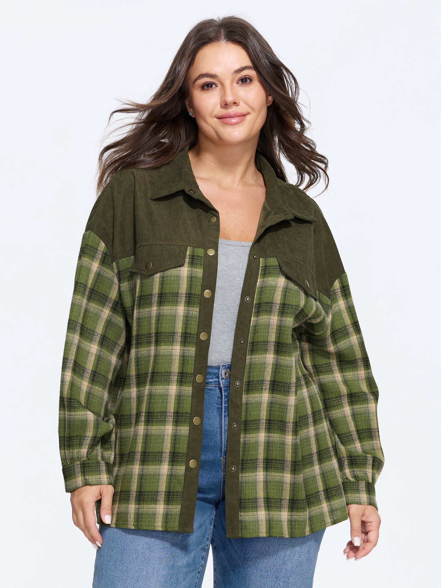 Plaid Corduroy Patchwork Button Down Jacket