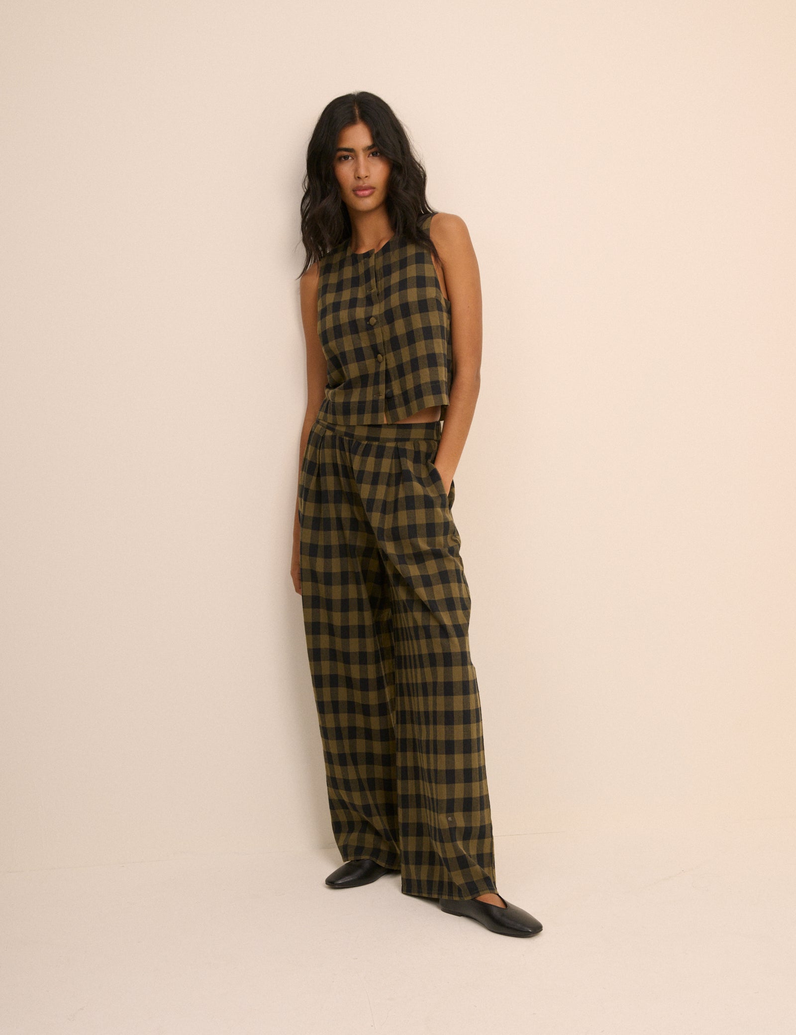 Green Check Wide Leg Jerrow Trousers