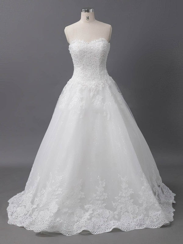 Beautiful Appliques Lace Sweetheart Strapless Wedding Dresses with Court Train