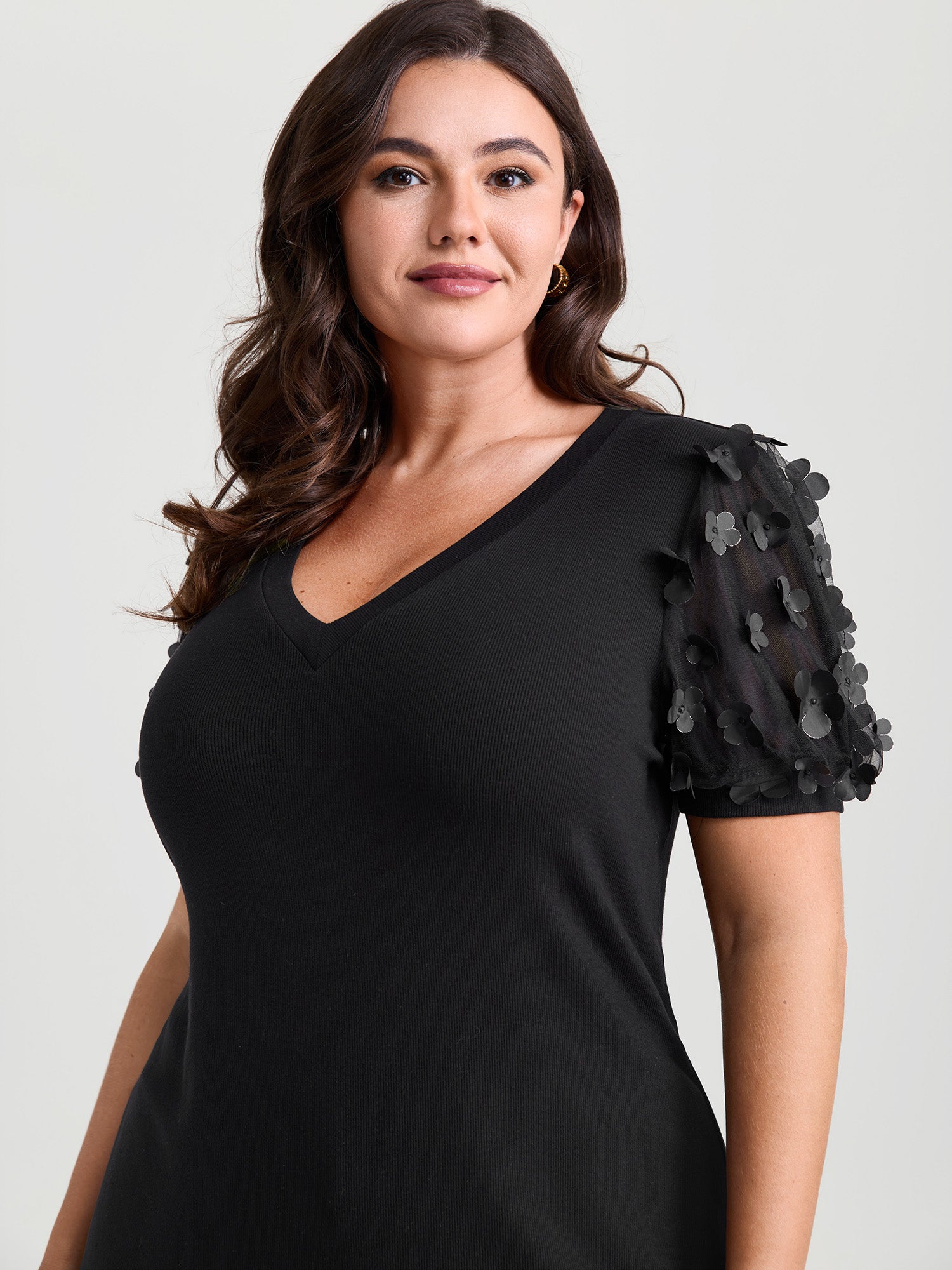 Floral Textured Sheer Sleeve V-Neck Blouse