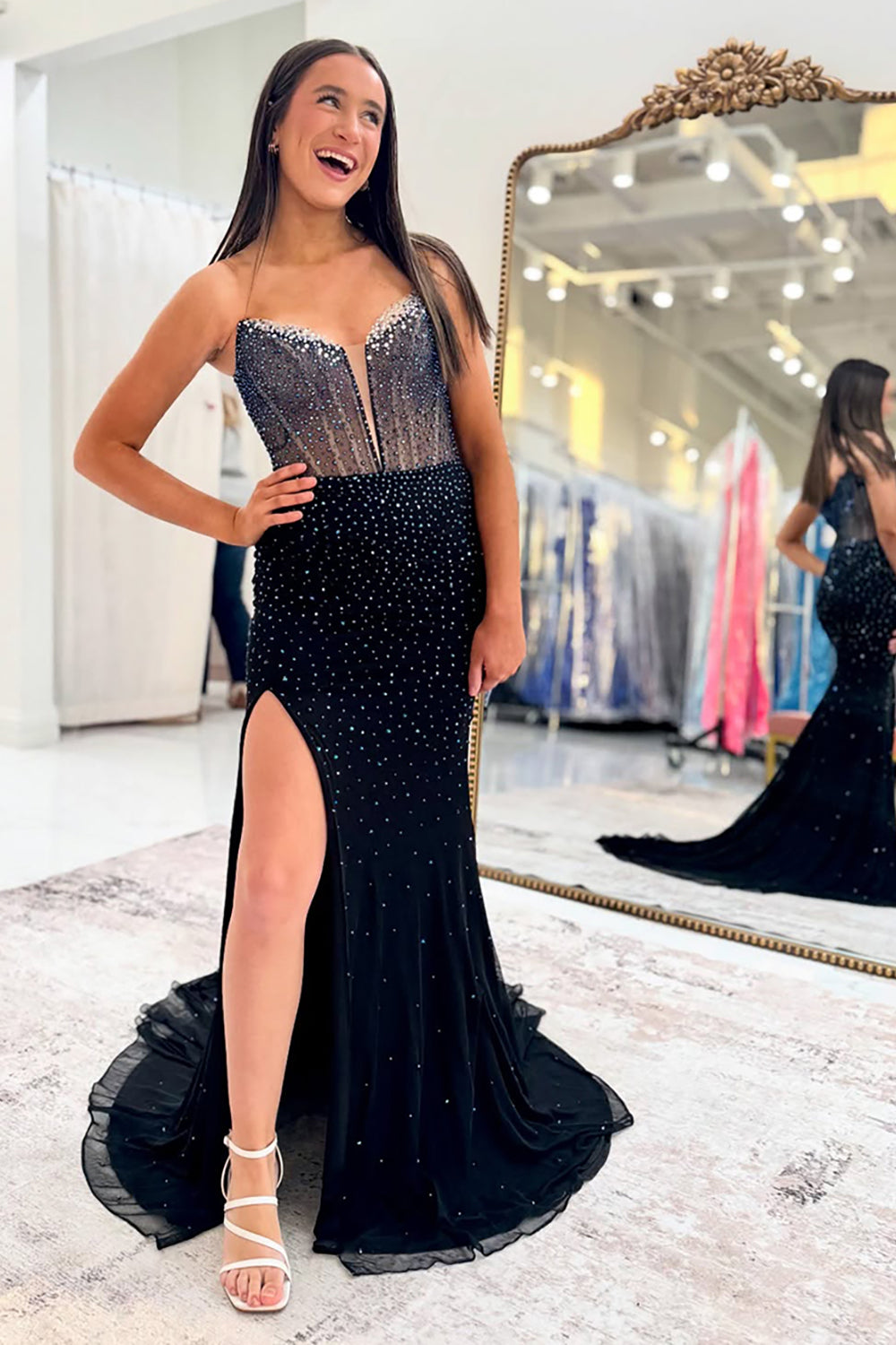 Long Strapless Prom Corset Dress with Black Beads and Sparkly Slit