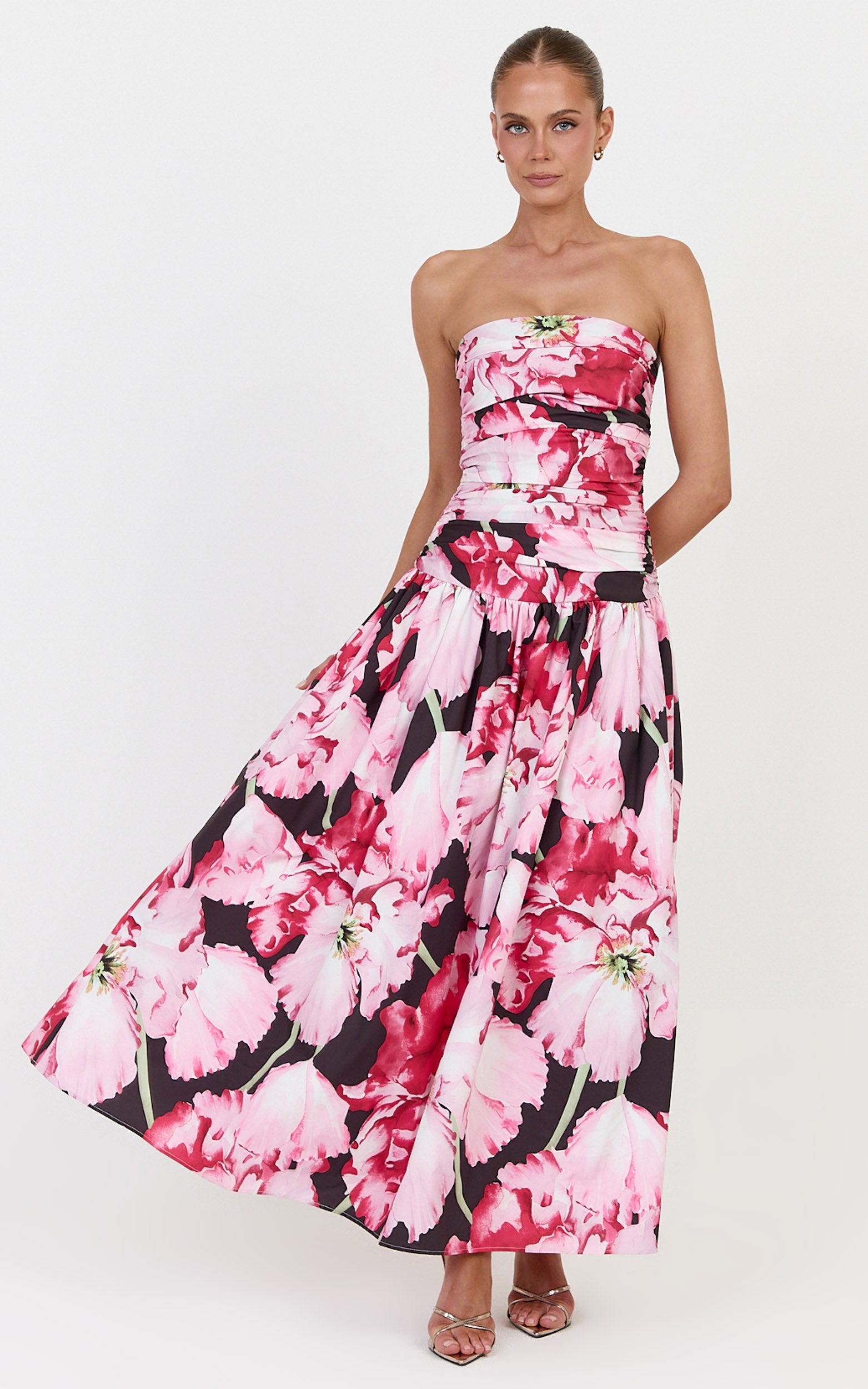 Isadora Midi Dress - Strapless Ruched Front Fit And Flare Dress in Poppy On Black Print
