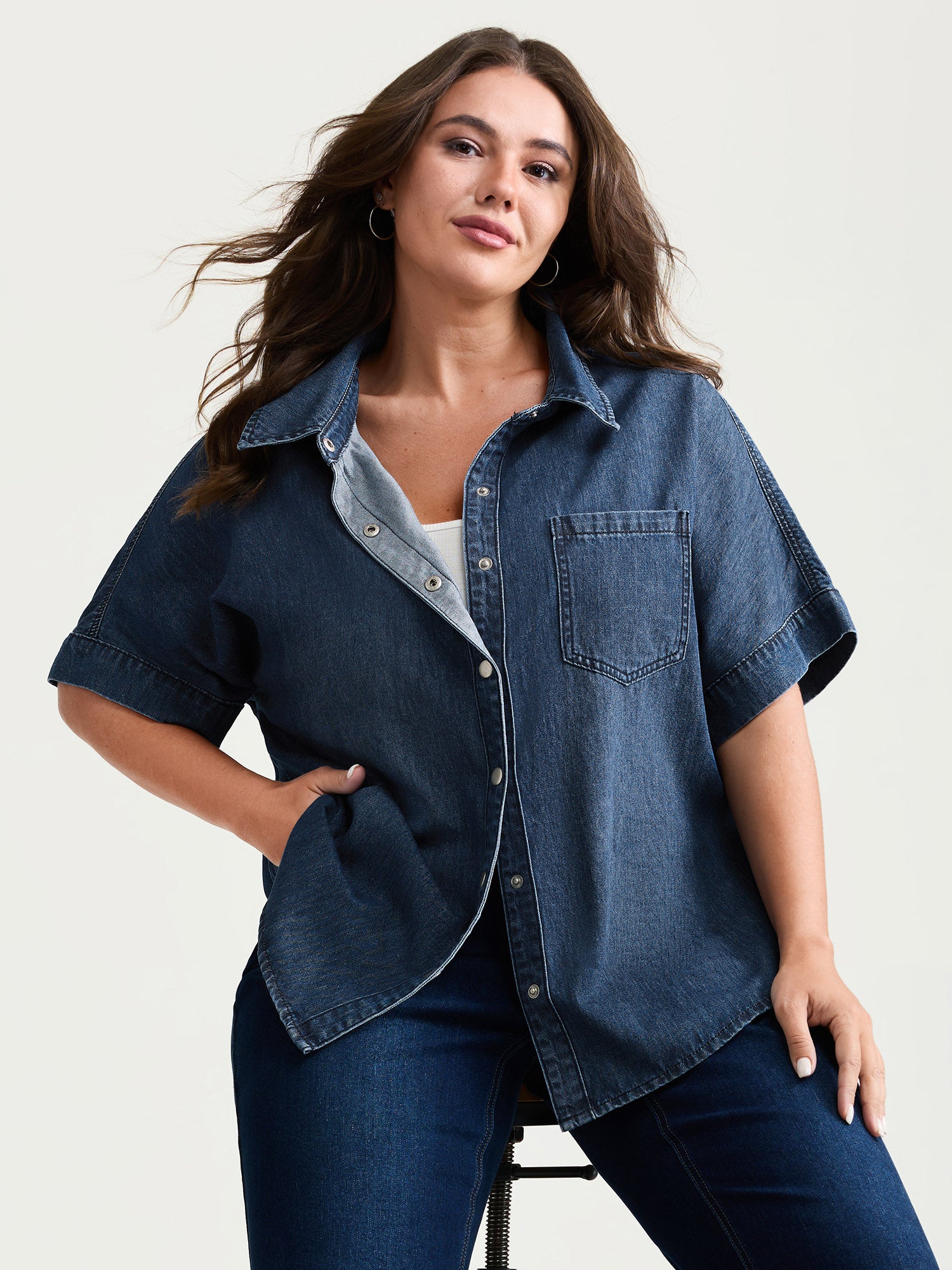 Button Detail Collar Pocket Denim Top