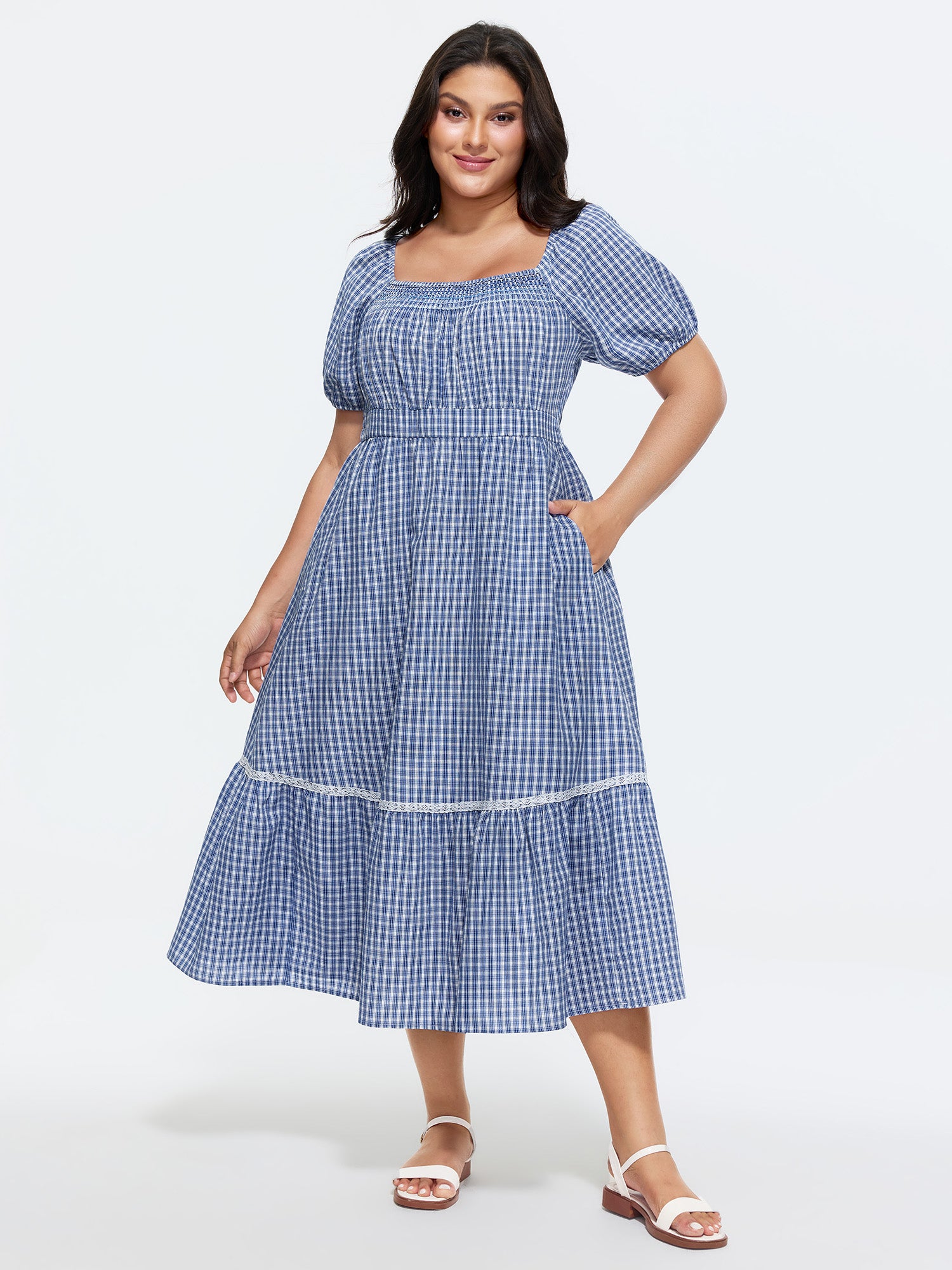 Checkered Print Lace Trim Midi Dress