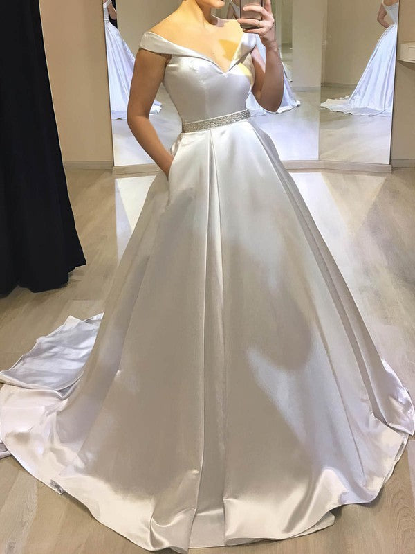 Classic V-Neck Off-The-Shoulder Satin Sweep Train Ball Gown Wedding Dresses