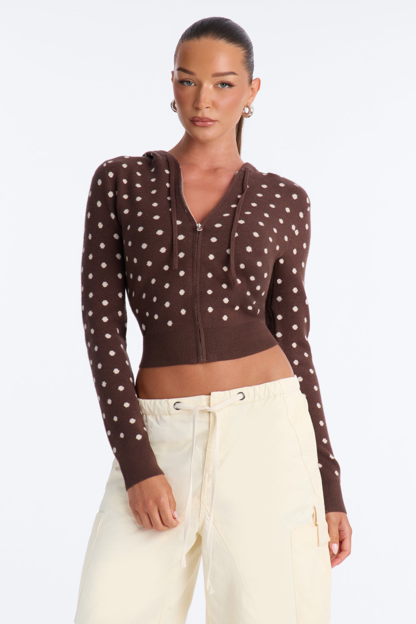 Clarise Polka Dot Zip Up Sweater - Brown/combo