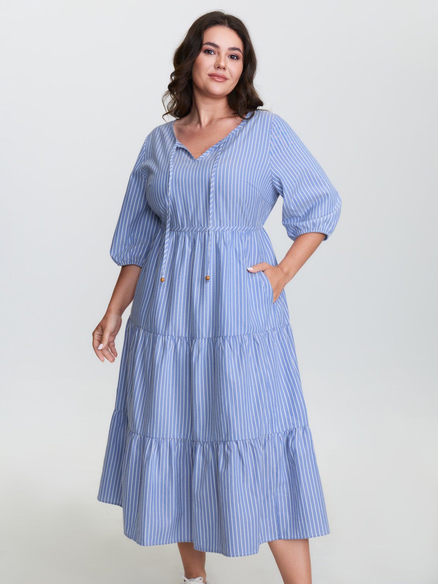 Striped Neck-Tie Tiered Midi Dress