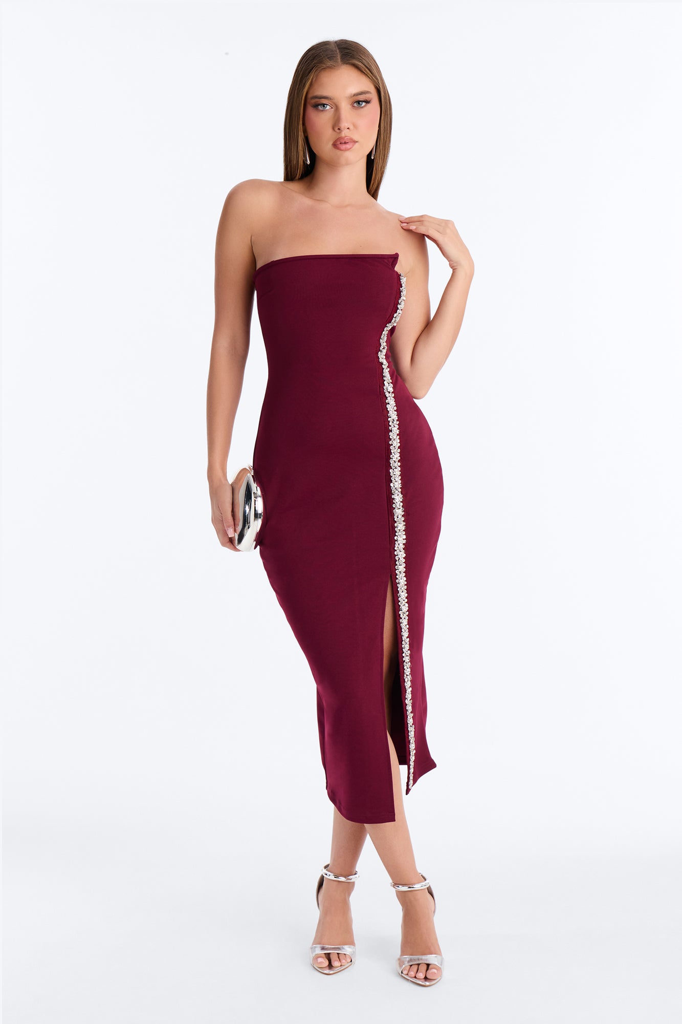 Fashion Most Wanted Rhinestone Embellished Midi Dress - Burgundy
