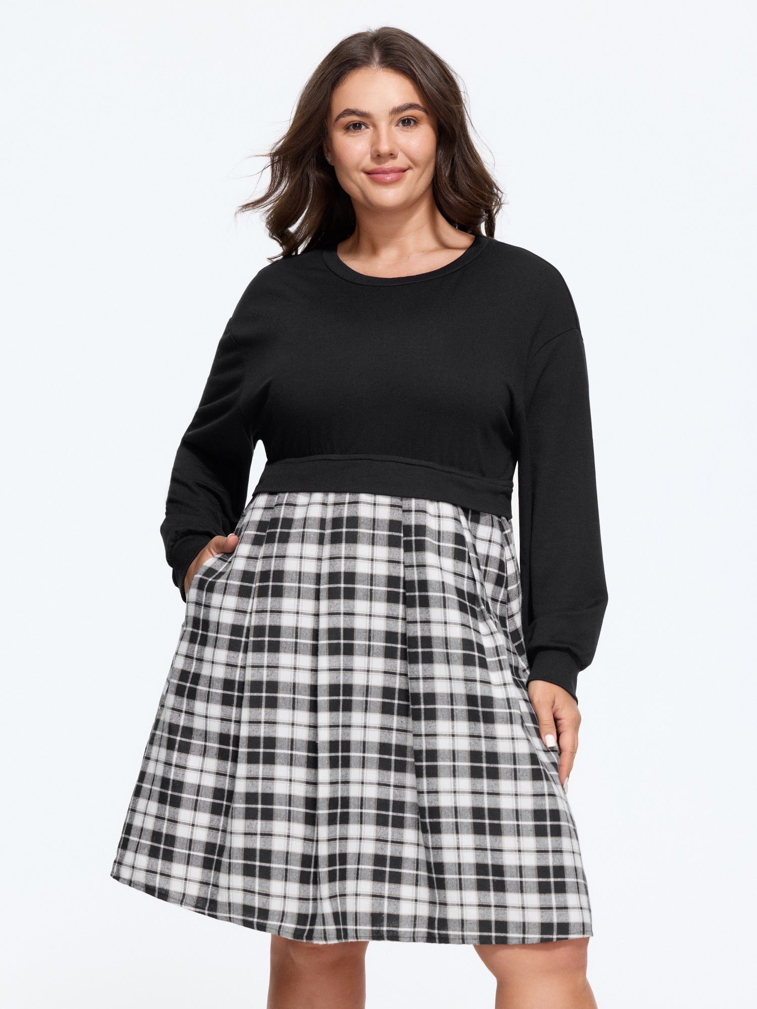 Round Neck Plaid Patchwork Mini Dress