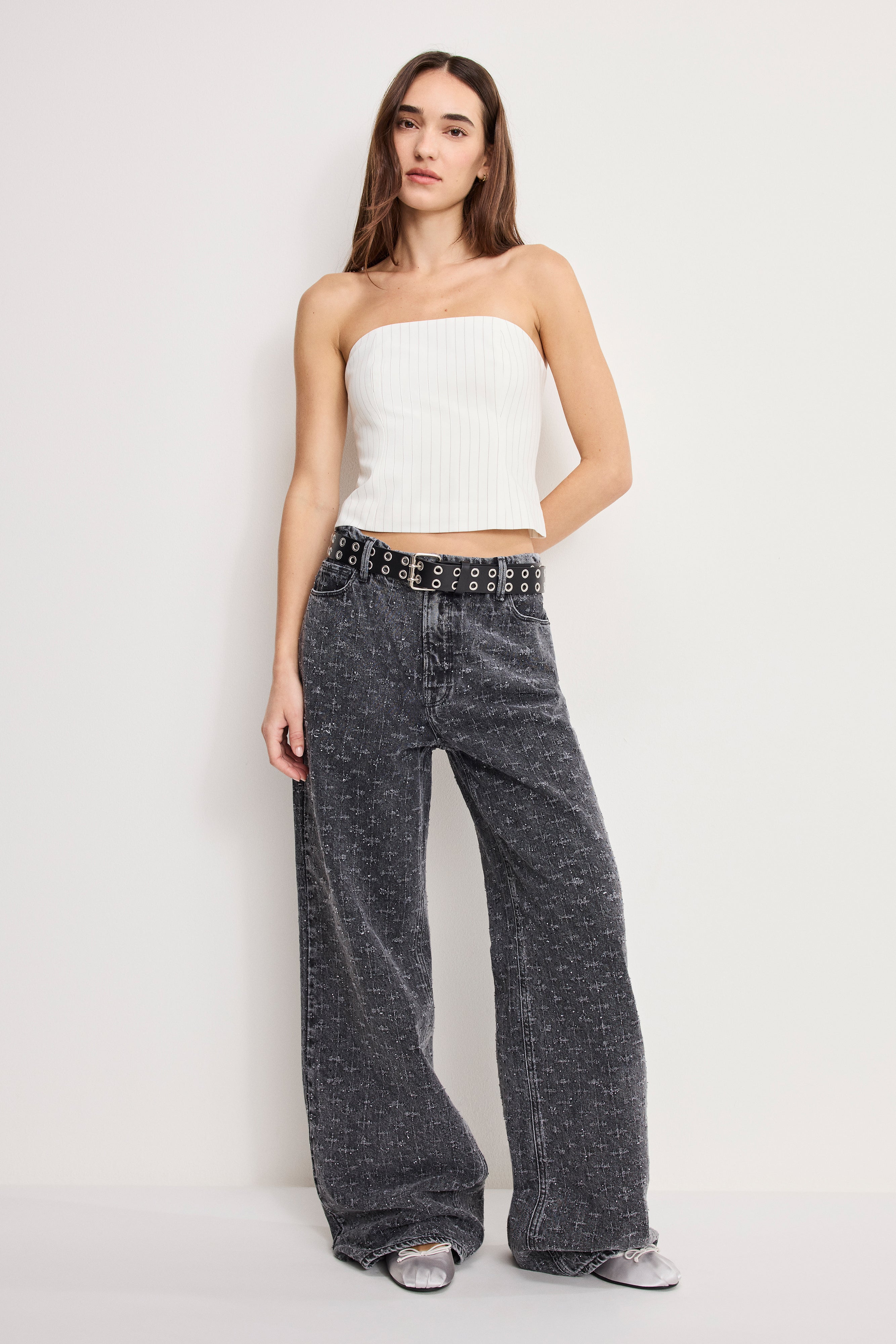 ESSENTIAL SUITING STRAPLESS TOP | CHESTNUT PIN STRIPE