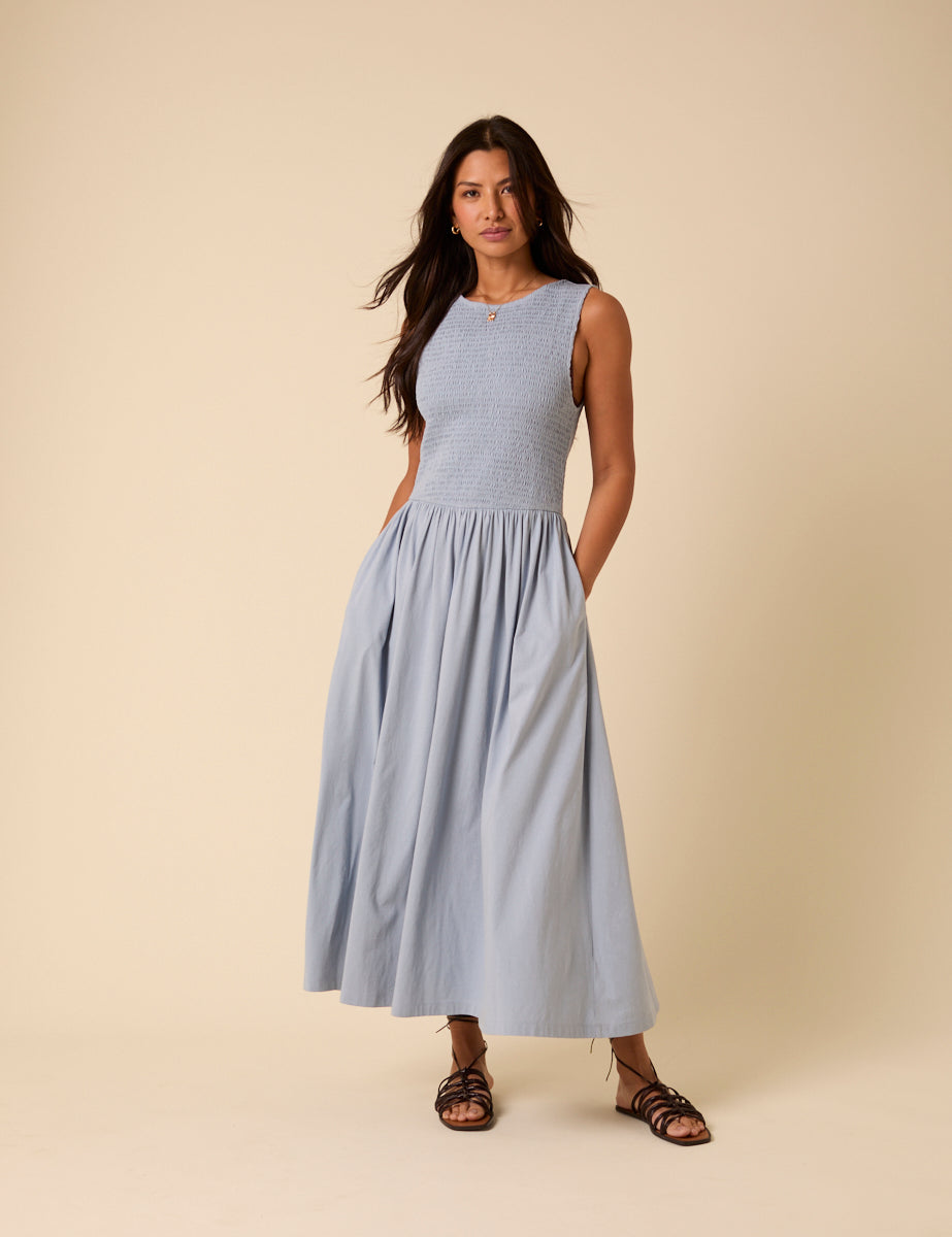 Blue Shirred Bodice Billie Jersey Midi Dress