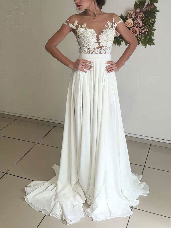 Trendy A-Line Short Sleeves Chiffon Lace Sweep Train Wedding Dresses