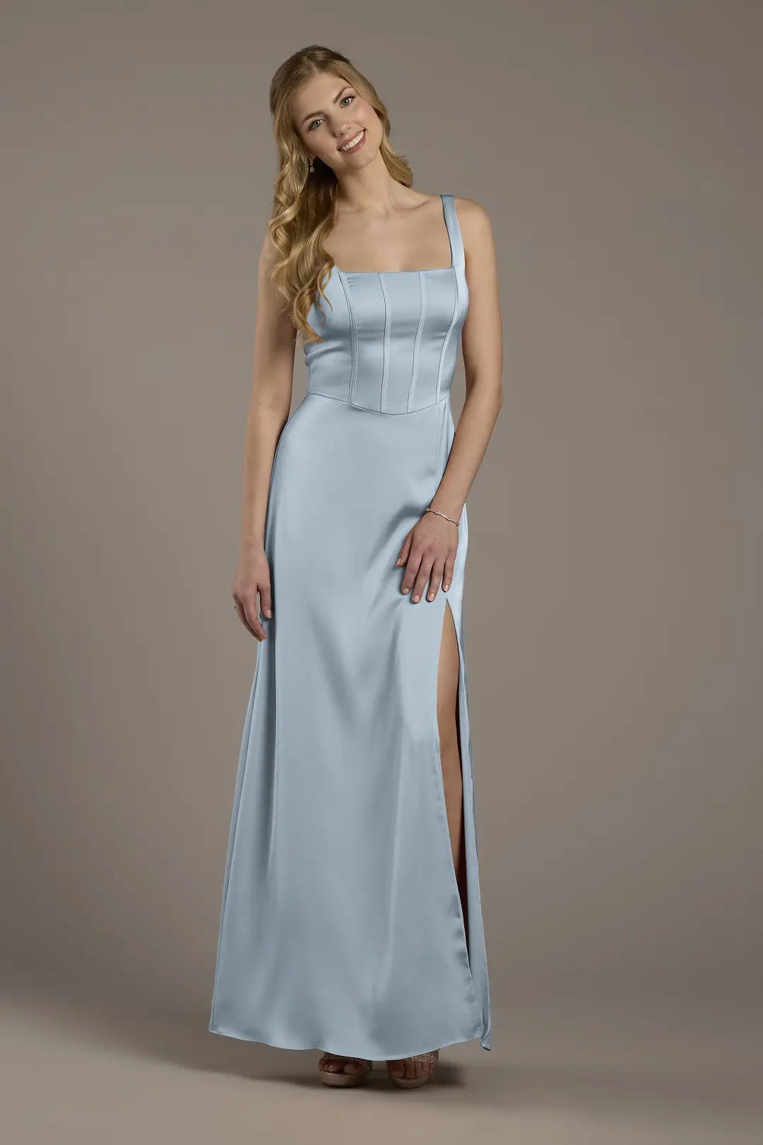 Matte Satin Corset Bodice Square Neck A-Line Dress