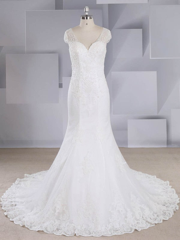 Elegant Mermaid Capped V-Neck Lace Sweep Train Wedding Dresses