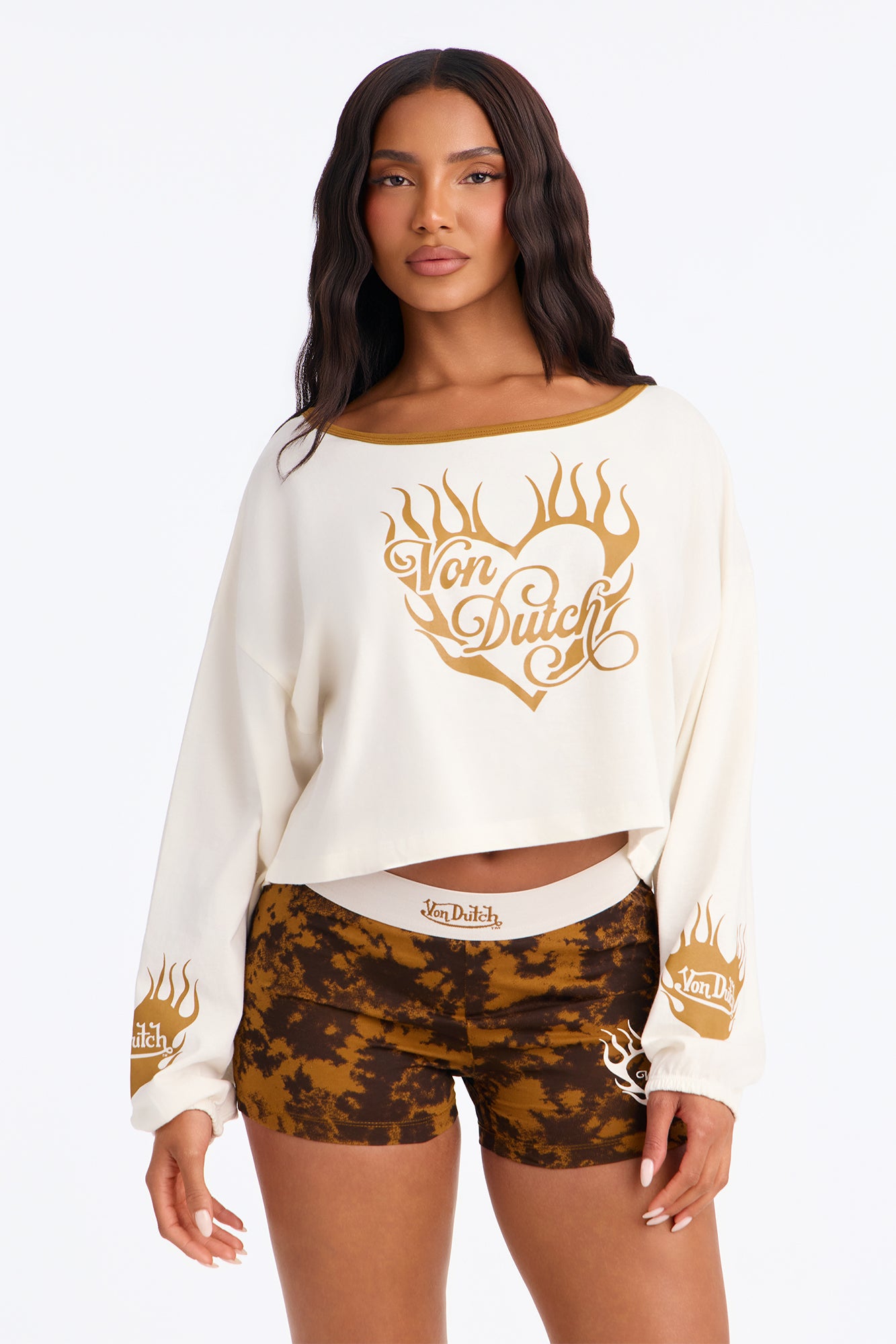 Von Dutch Flame Heart Off Shoulder PJ Short Set - Cream/combo