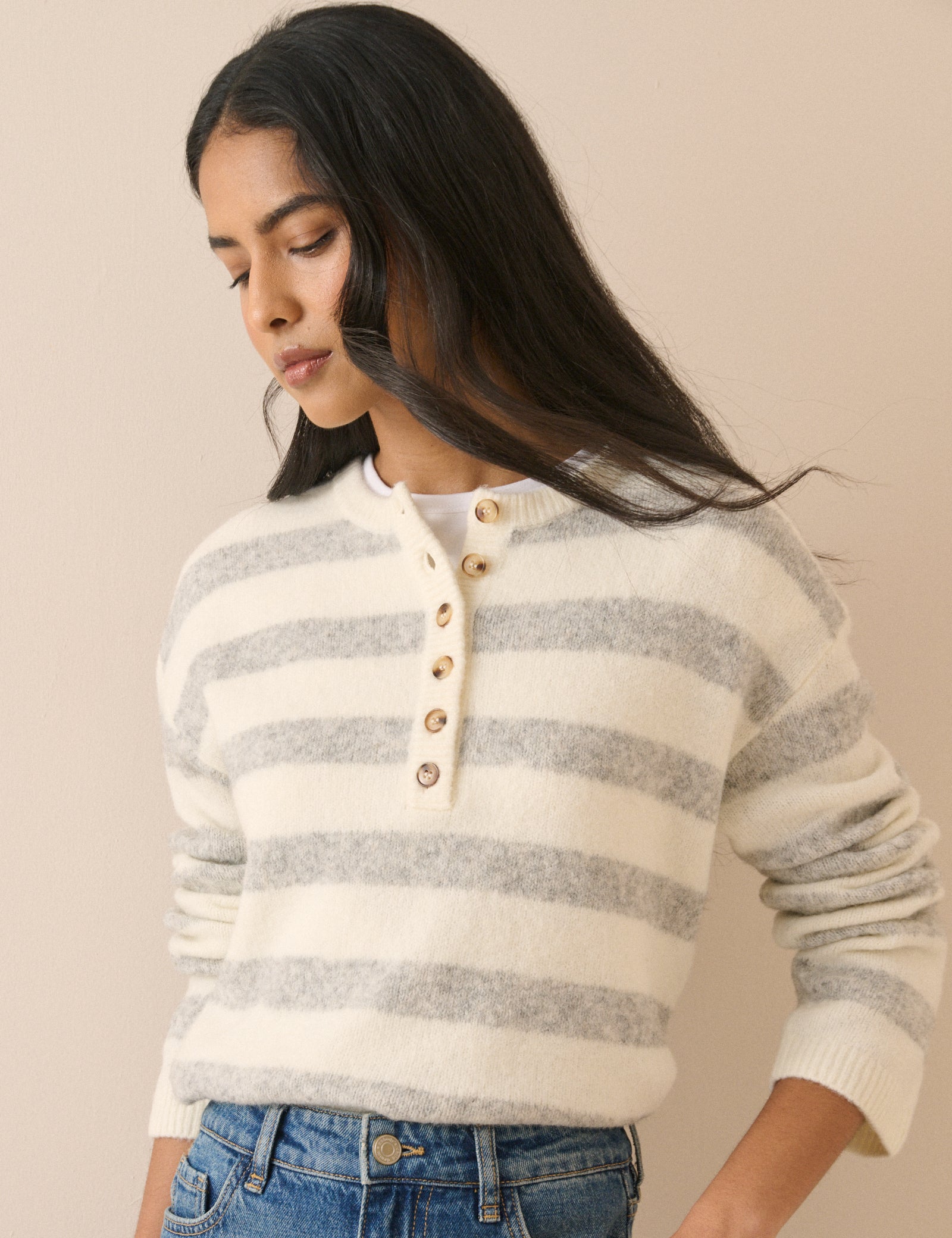 Grey and Cream Striped Henley Jumper