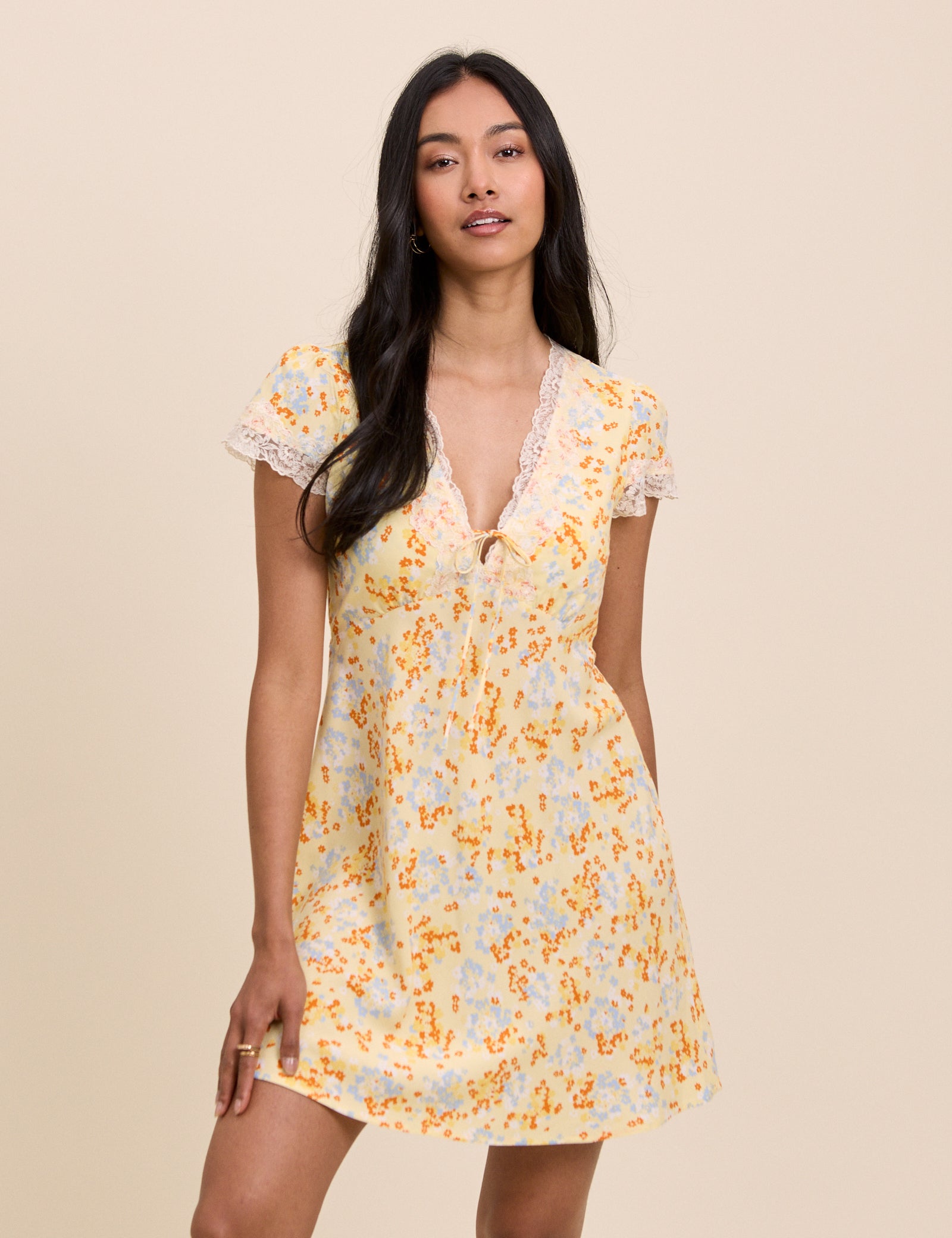Yellow Floral Lace Trim Aida Mini Dress