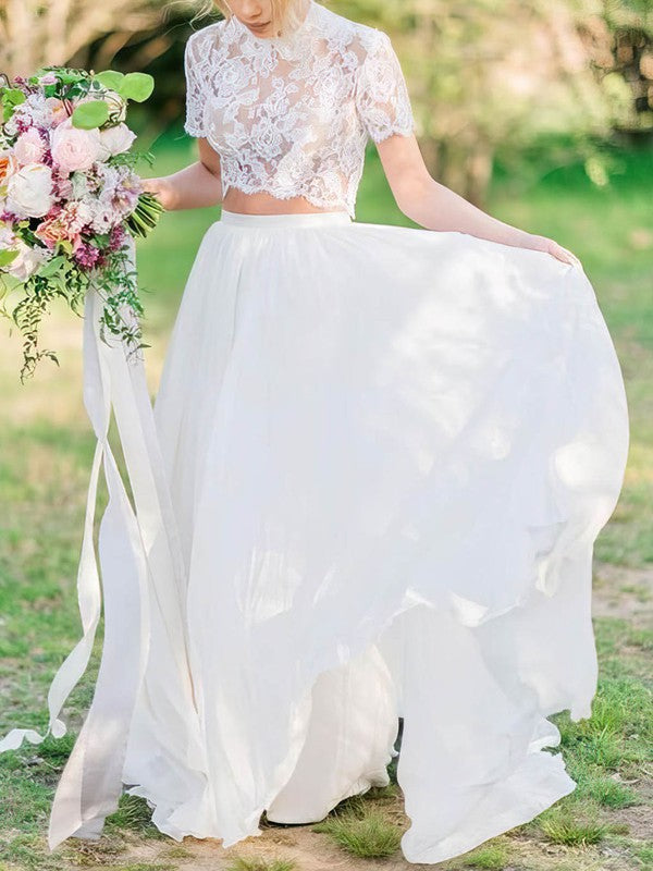 Stylish Two-Piece A-Line Short Sleeves Lace Chiffon Sweep Train Wedding Dresses