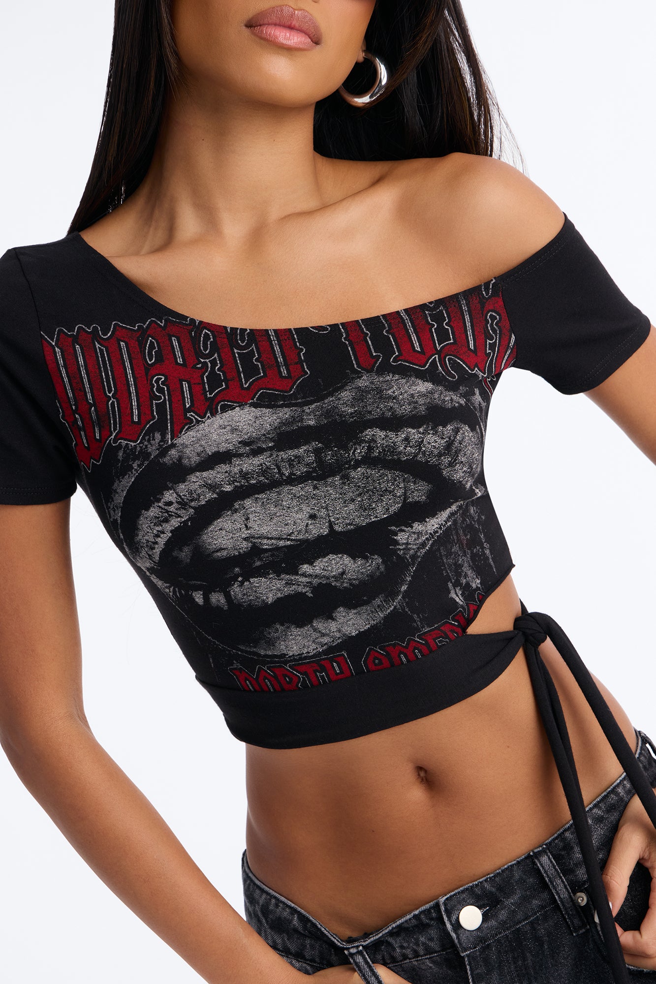 Rock N Roll Lips Off Shoulder Top - Black