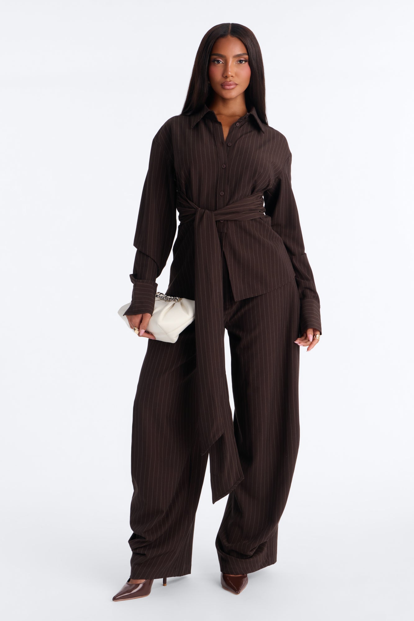 Simone Wrap Waist Pinstripe Shirt - Chocolate