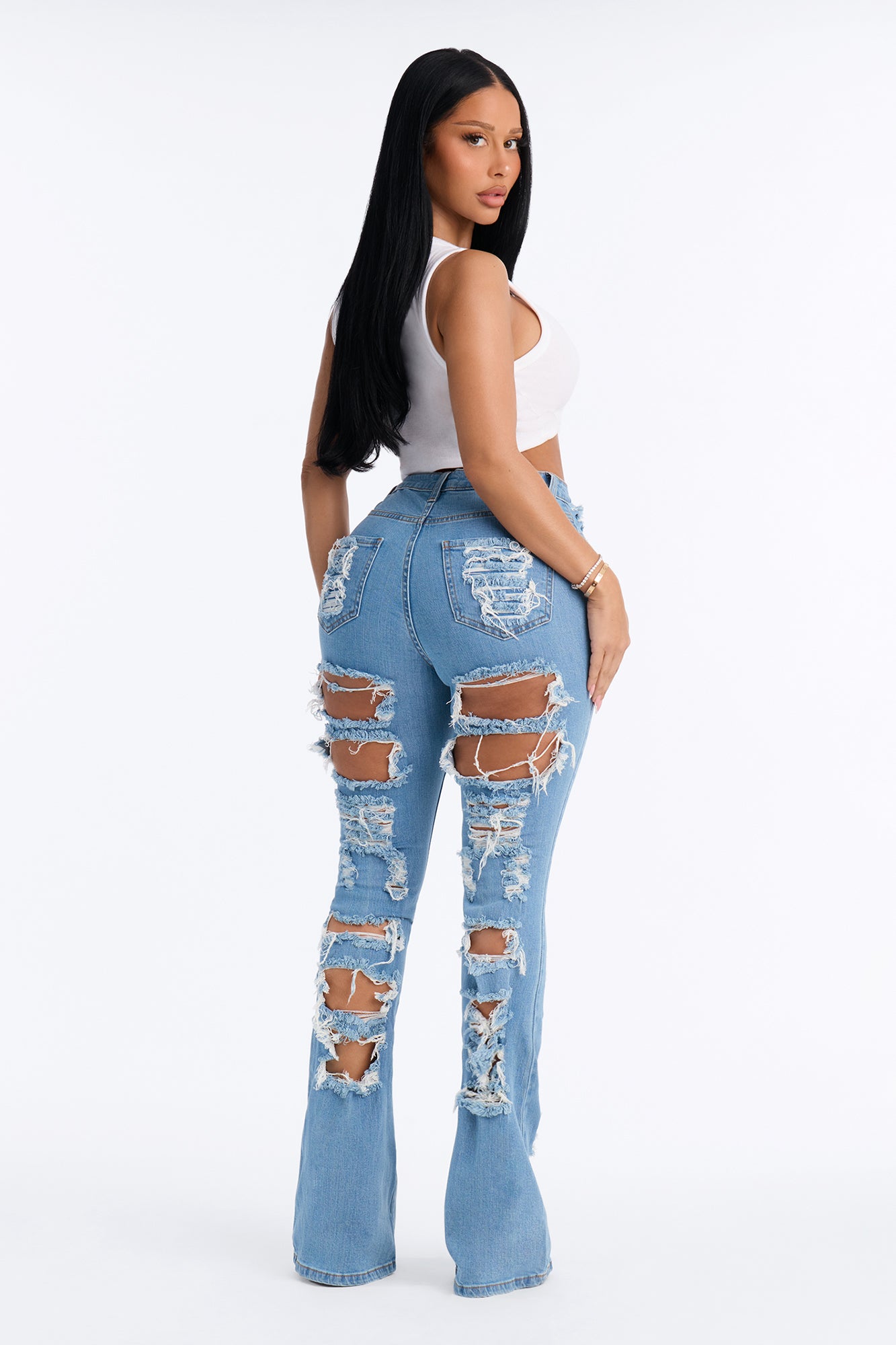 End Of Summer Ripped High Rise Flare Leg Jeans - Medium Wash