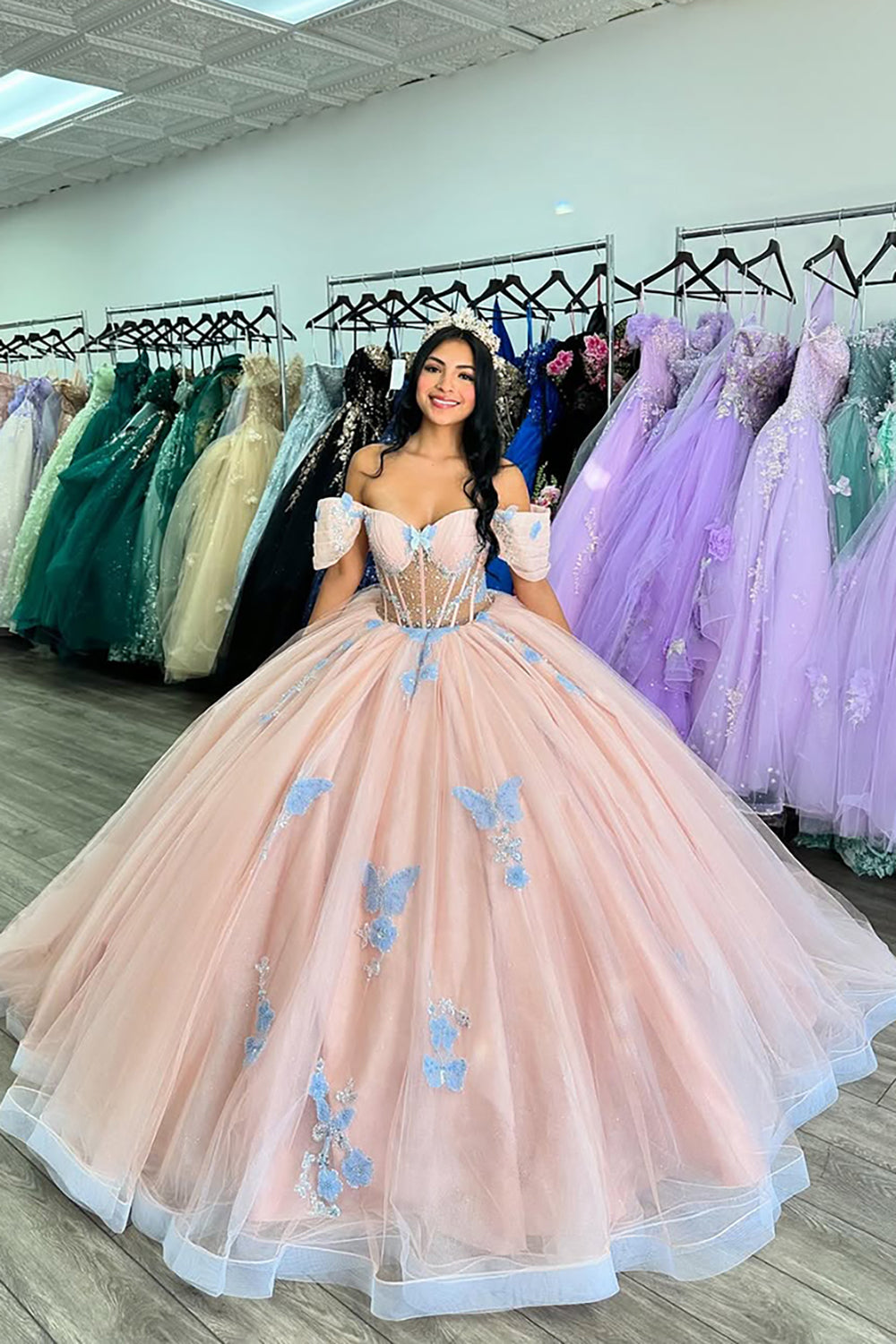 Off the Shoulder Princess Corset Quinceanera Dress in Pink Blue with Tulle and Appliques