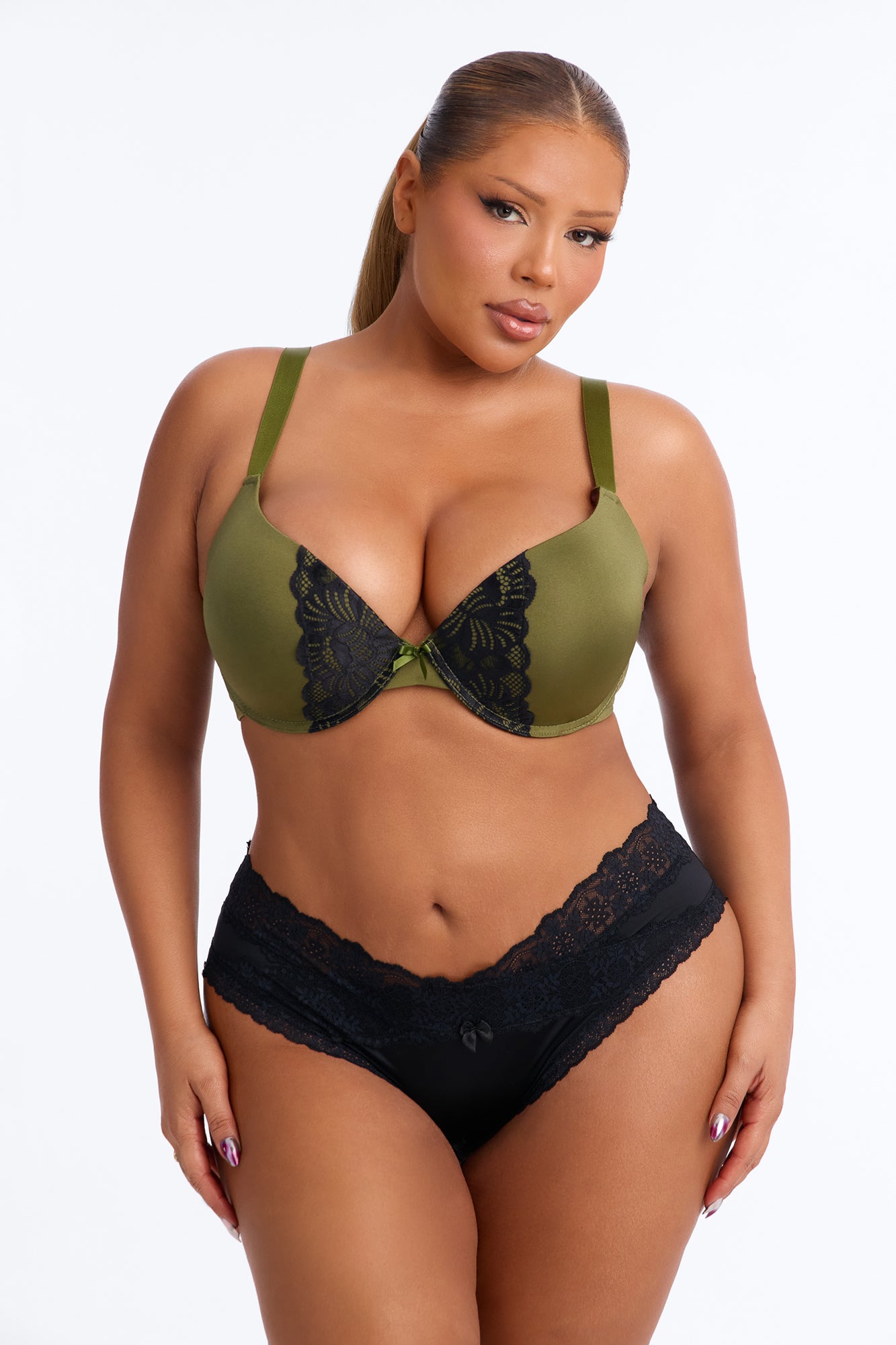 Cute and Lacey Shine Push Up Demi Bra - Olive/combo