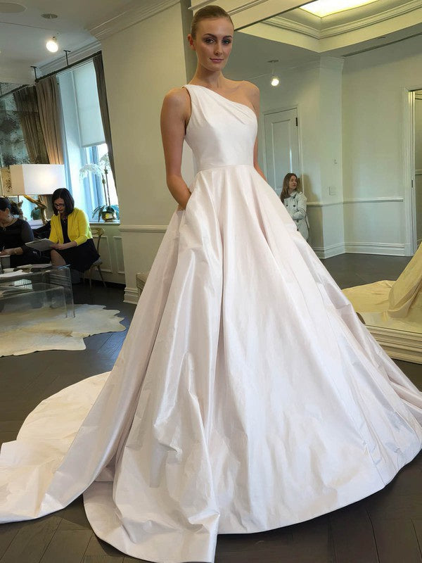 Sexy One Shoulder A-Line Satin Wedding Dresses with Pockets